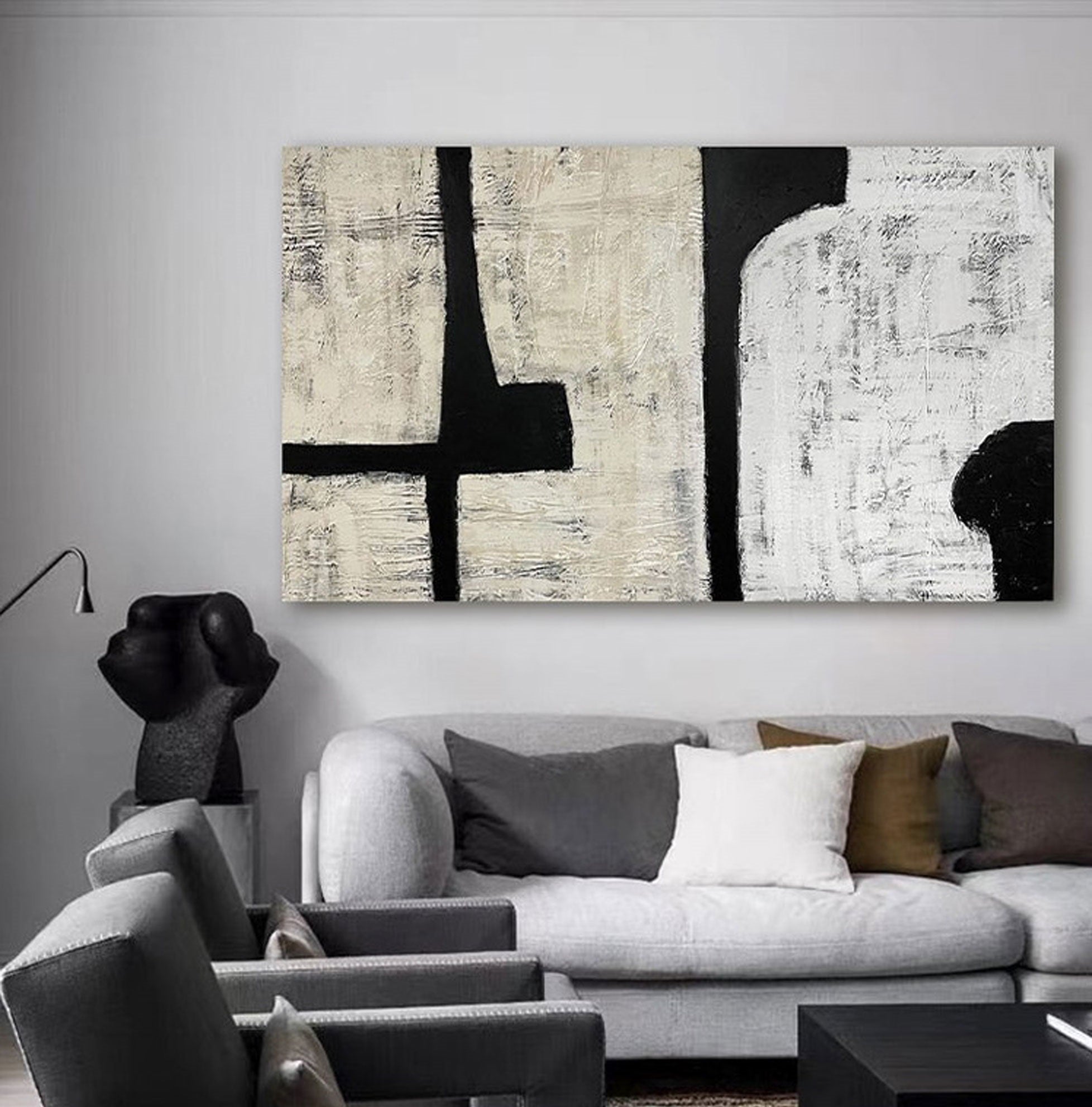 Large Minimalist Abstract Wall Art Black And White Minimalist Painting Acrylic For Living Room