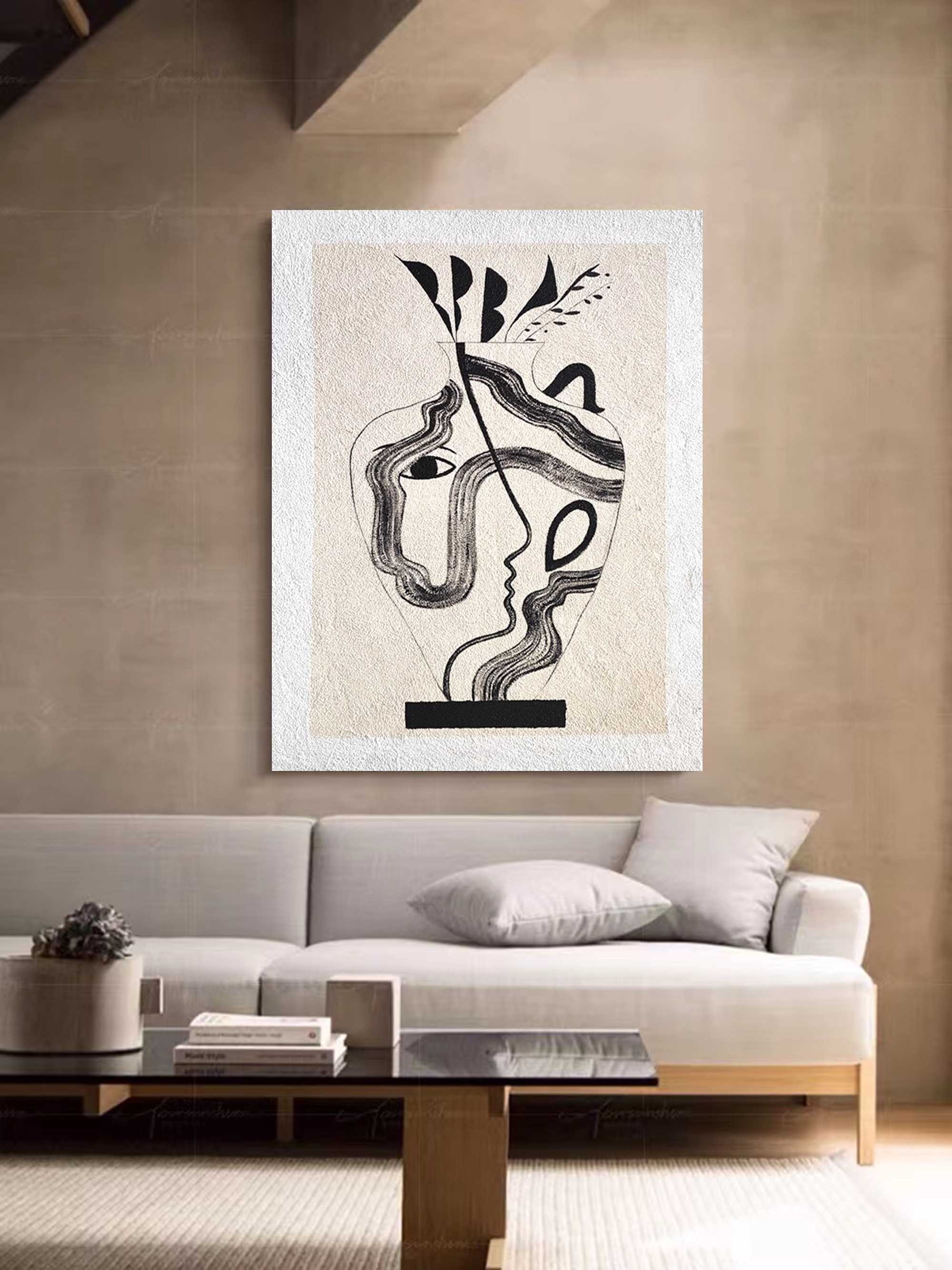 Texture Vintage Minimalist Art Beige Black White Acrylic Minimalist Canvas Painting