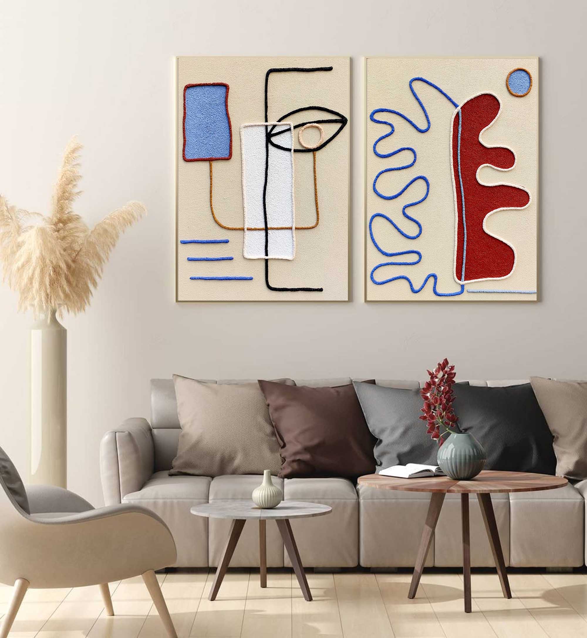 Set Of 2 Mid Century Minimalist Art Framed Boho Minimalist Painting Acrylic For Living Room