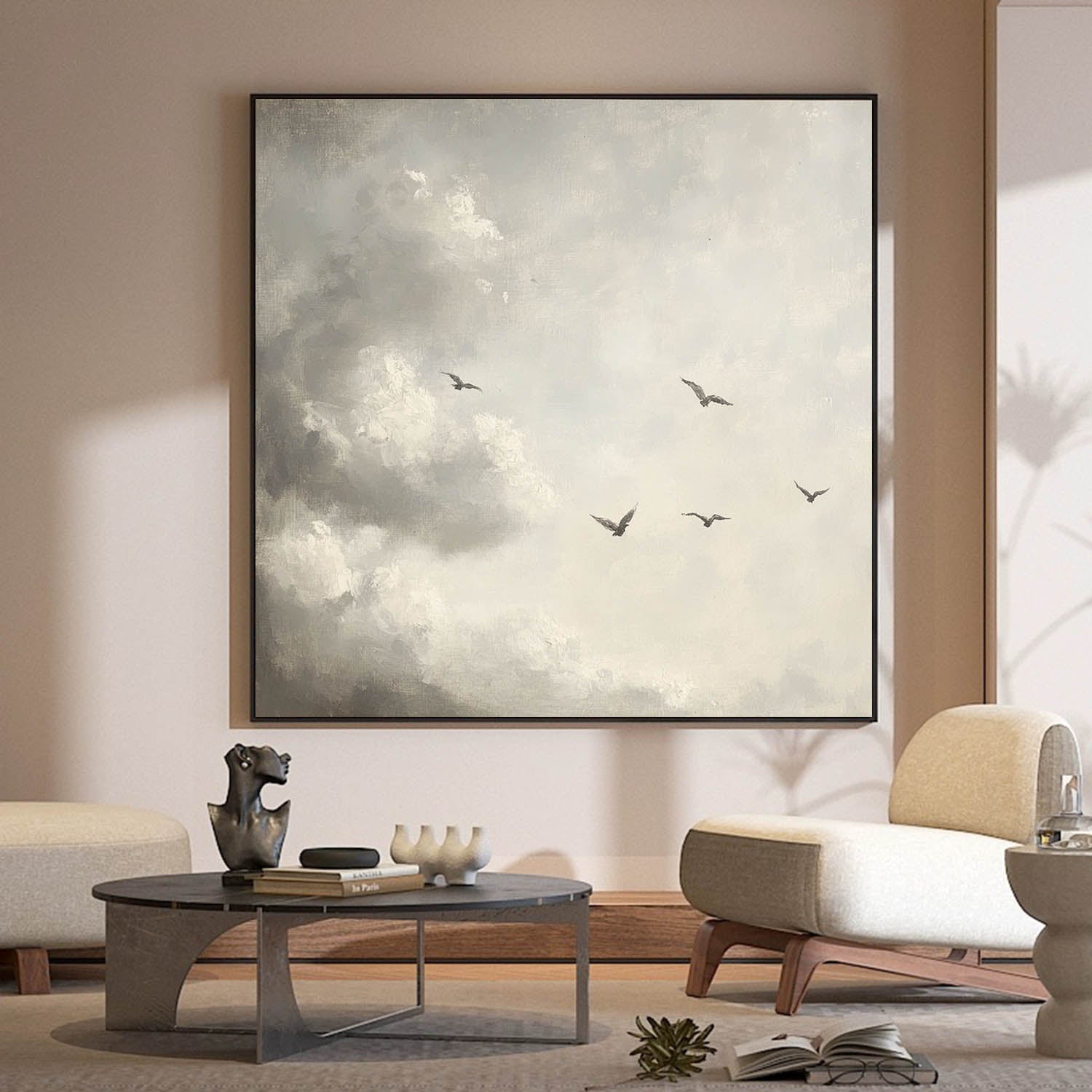 Vintage White Cloud Landscape Painting Rustic Vintage Country Oil Painting On Canvas Clouds And Birds Painting