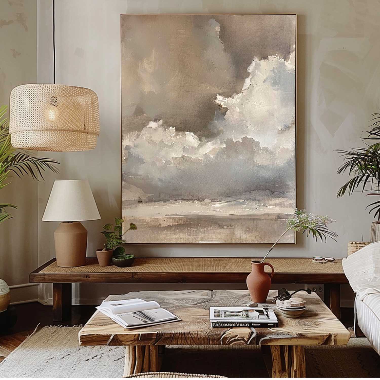 Vintage Beige And Brown Cloud Wall Art Cloudy Sky Oil Painting Vintage Neutral Cloud Painting