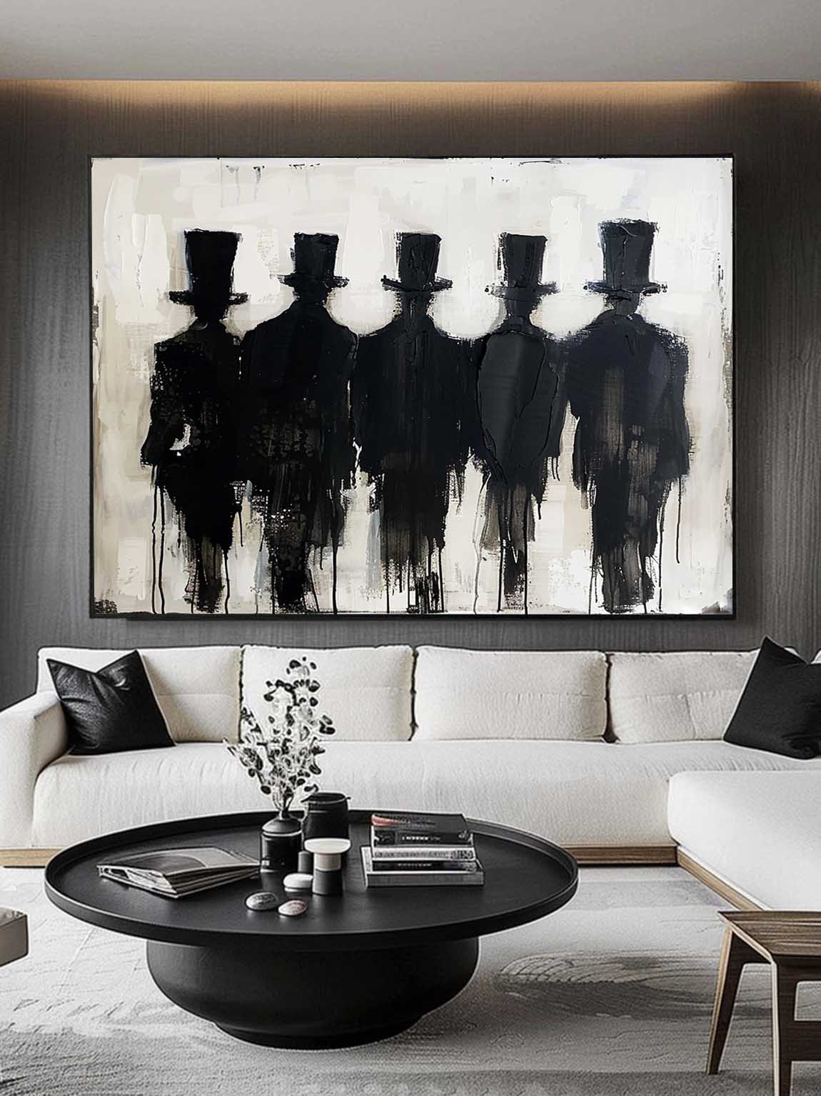 Vintage Neutral Black And Beige People Painting Large Minimalist Canvas Wall Art Original Handmade Wabi Sabi Artwork