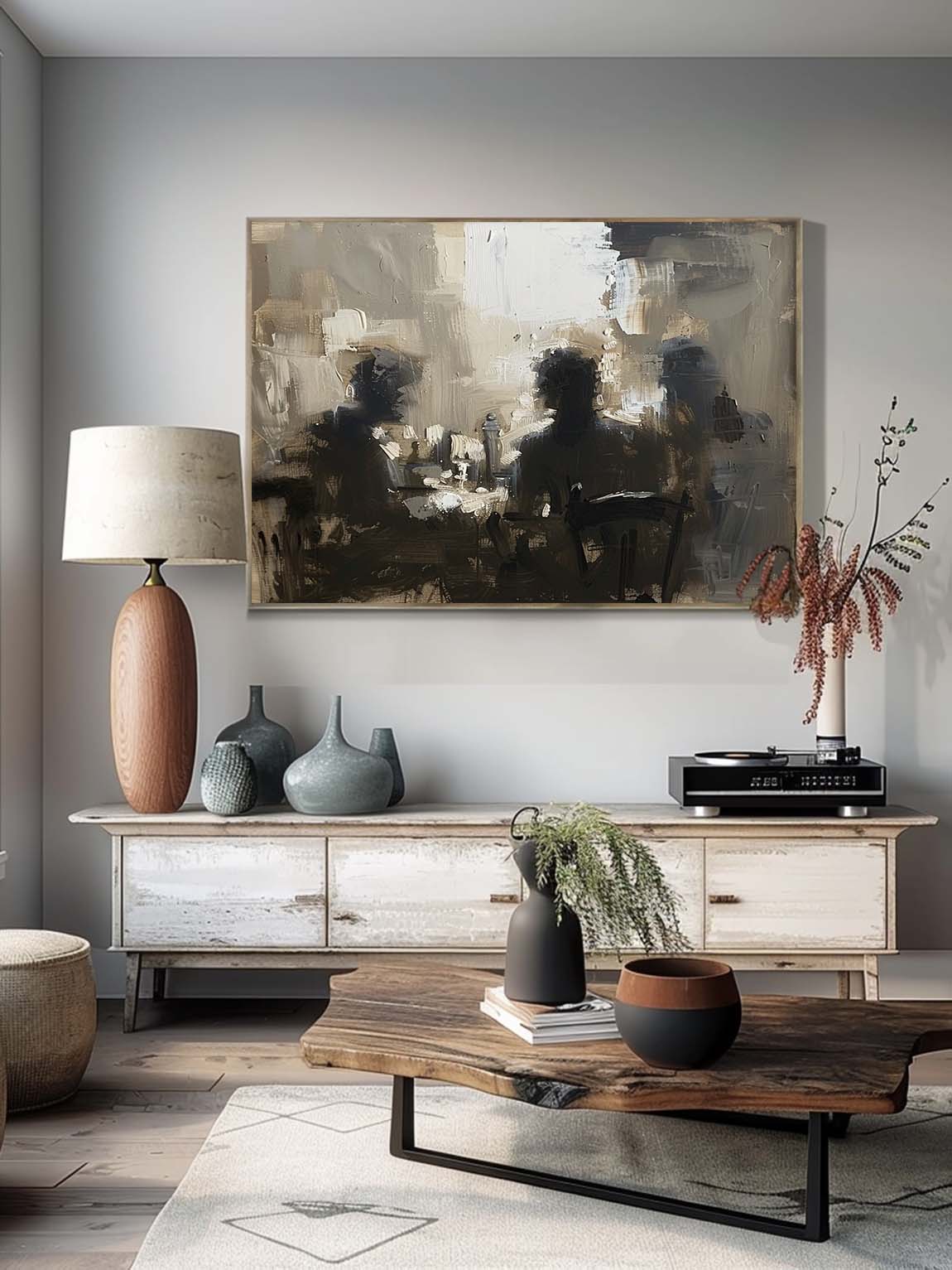 Vintage Neutral Beige and Black Oil Painting Original Abstract Canvas Painting Minimalist Black and Beige Textured Painting