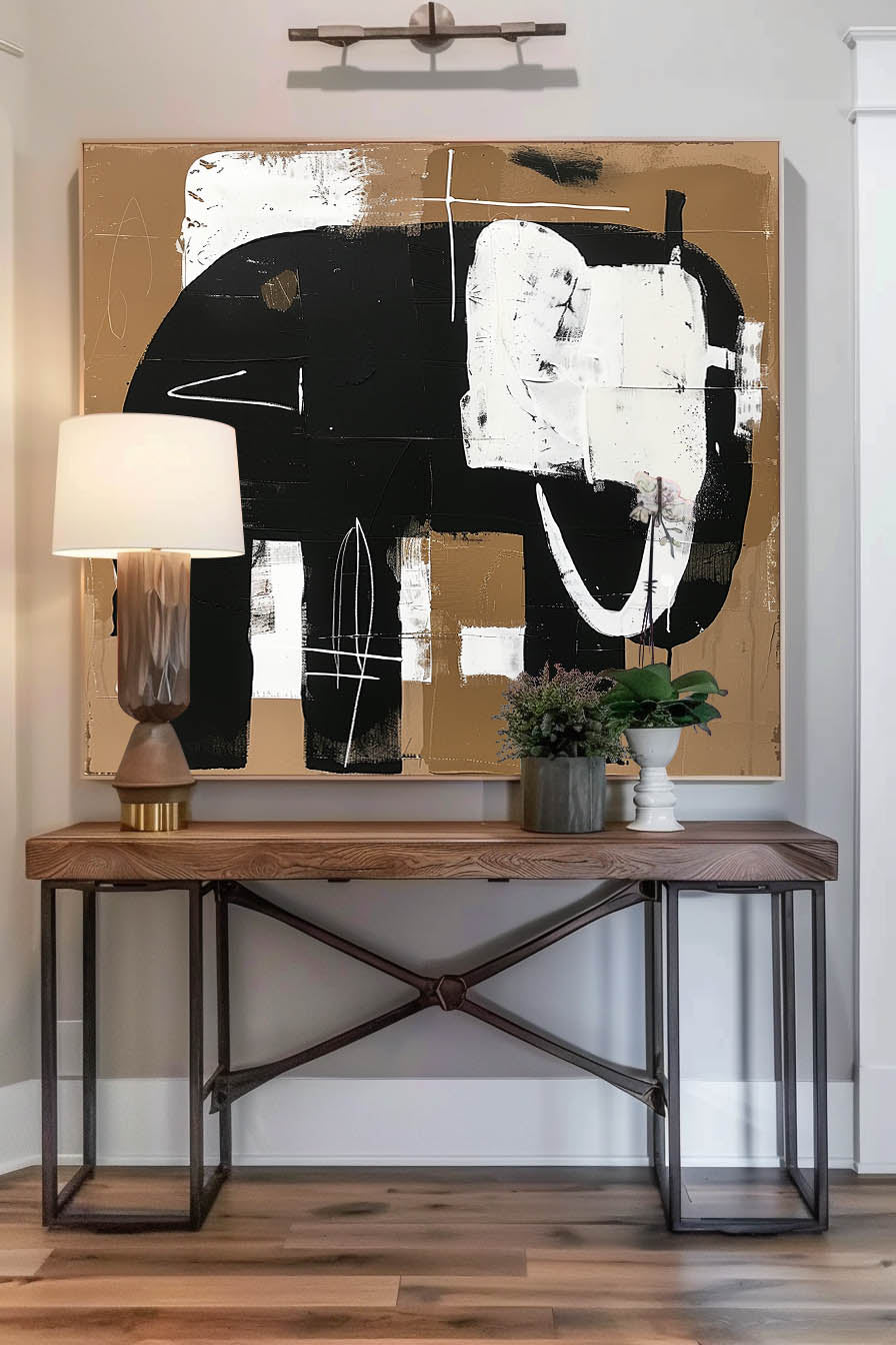 Vintage Elephant Wall Art On Canvas Large Neutral Abstract Acrylic Painting Original Vintage Elephant Painting