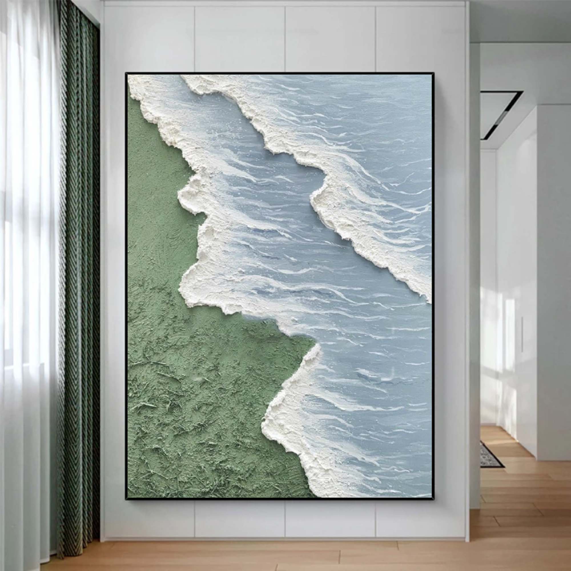 Minimalist Green Coastal Wall Art 3D Texture Abstract Beach Canvas Art