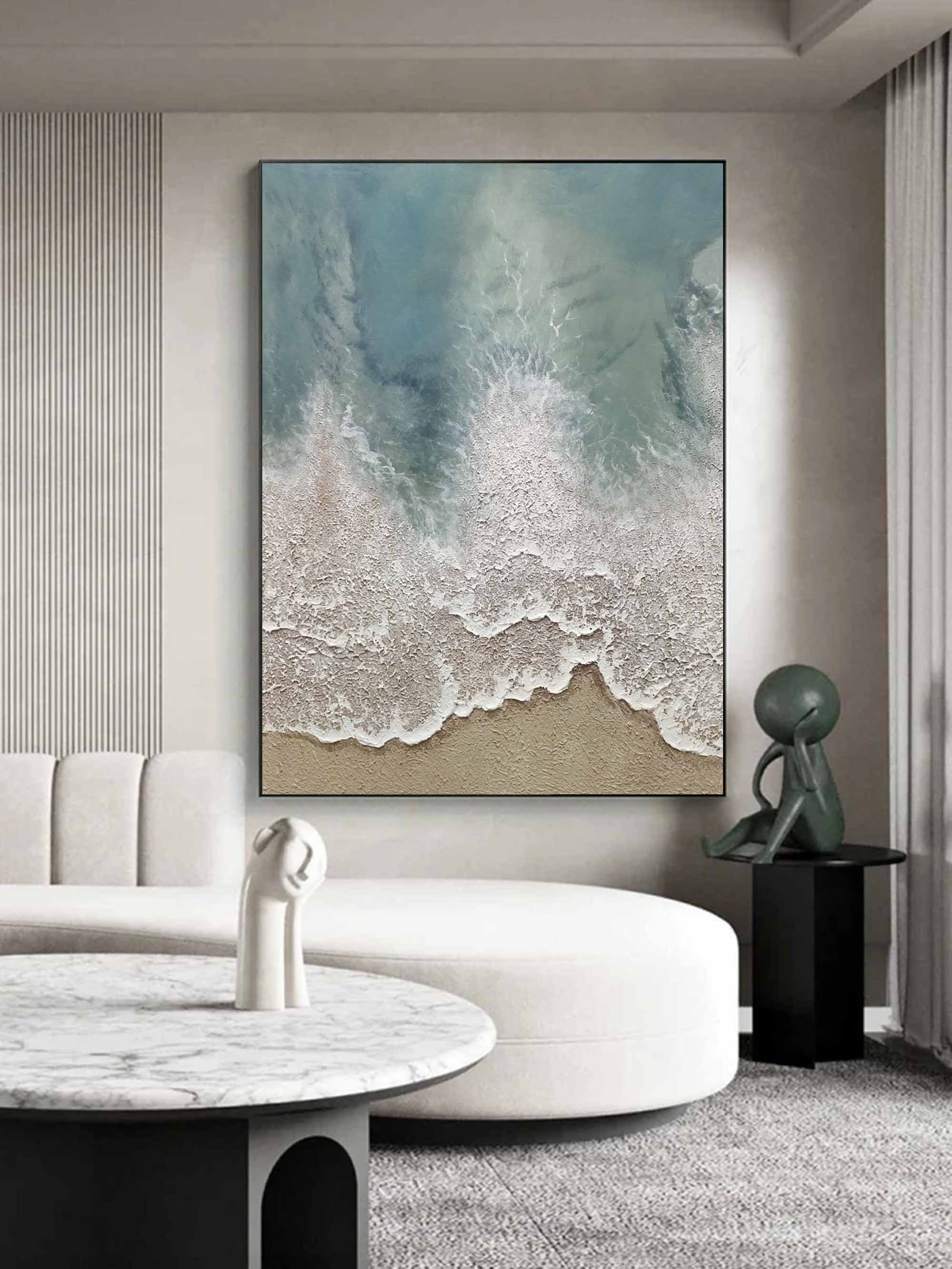 Large 3D Textured Ocean Painting Minimalist Green and White Wave Painting