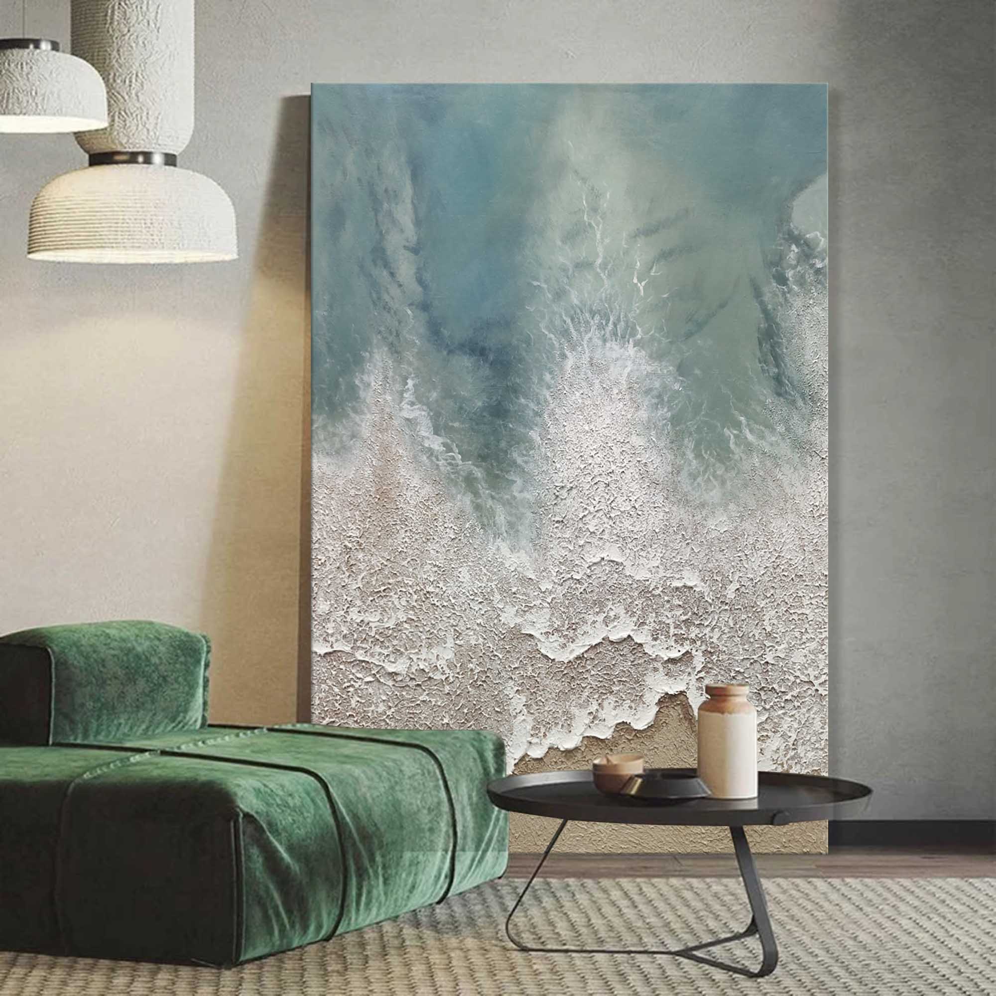 Large 3D Textured Ocean Painting Minimalist Green and White Wave Painting