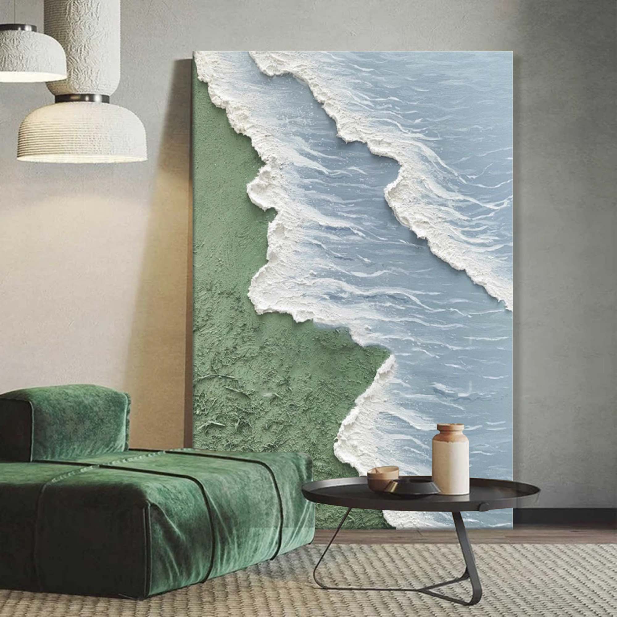 Minimalist Green Coastal Wall Art 3D Texture Abstract Beach Canvas Art