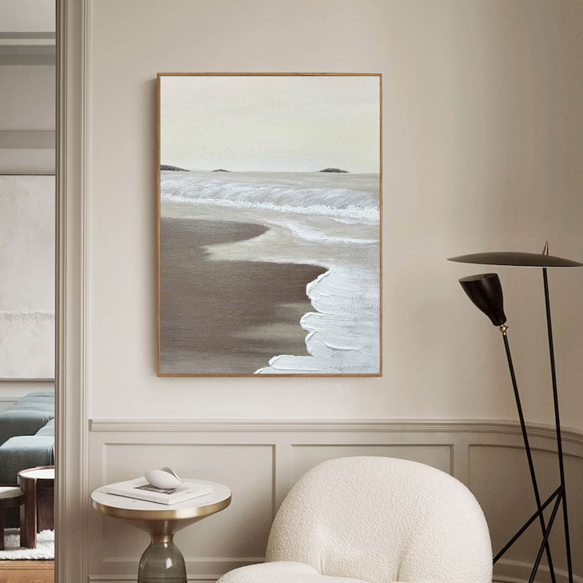 Minimalist Beige White Ocean Beach Abstract Oil Painting Seaside Landscape Painting