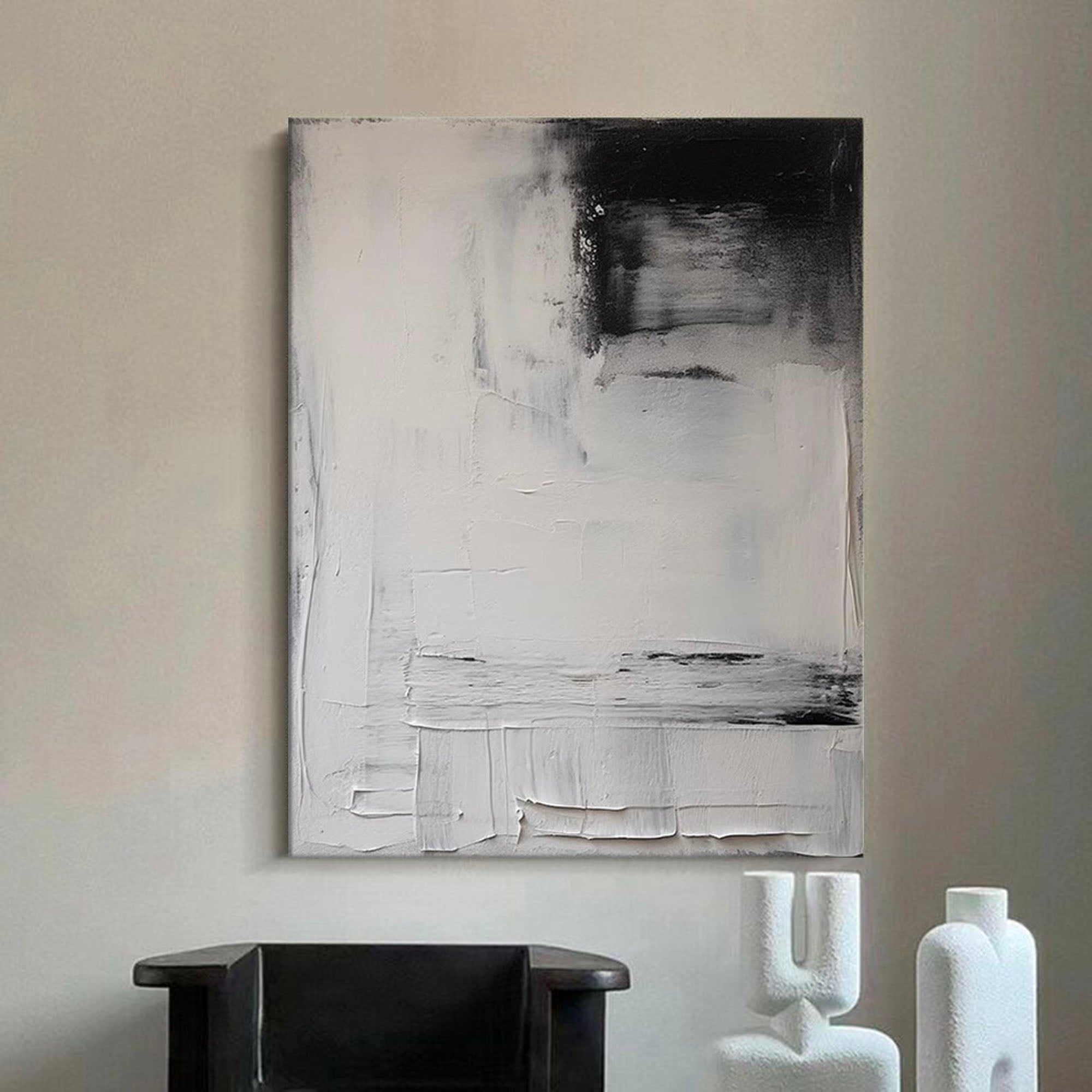 Large White And Black Texture Painting White And Black Minimalist Painting Black And White Wall Art