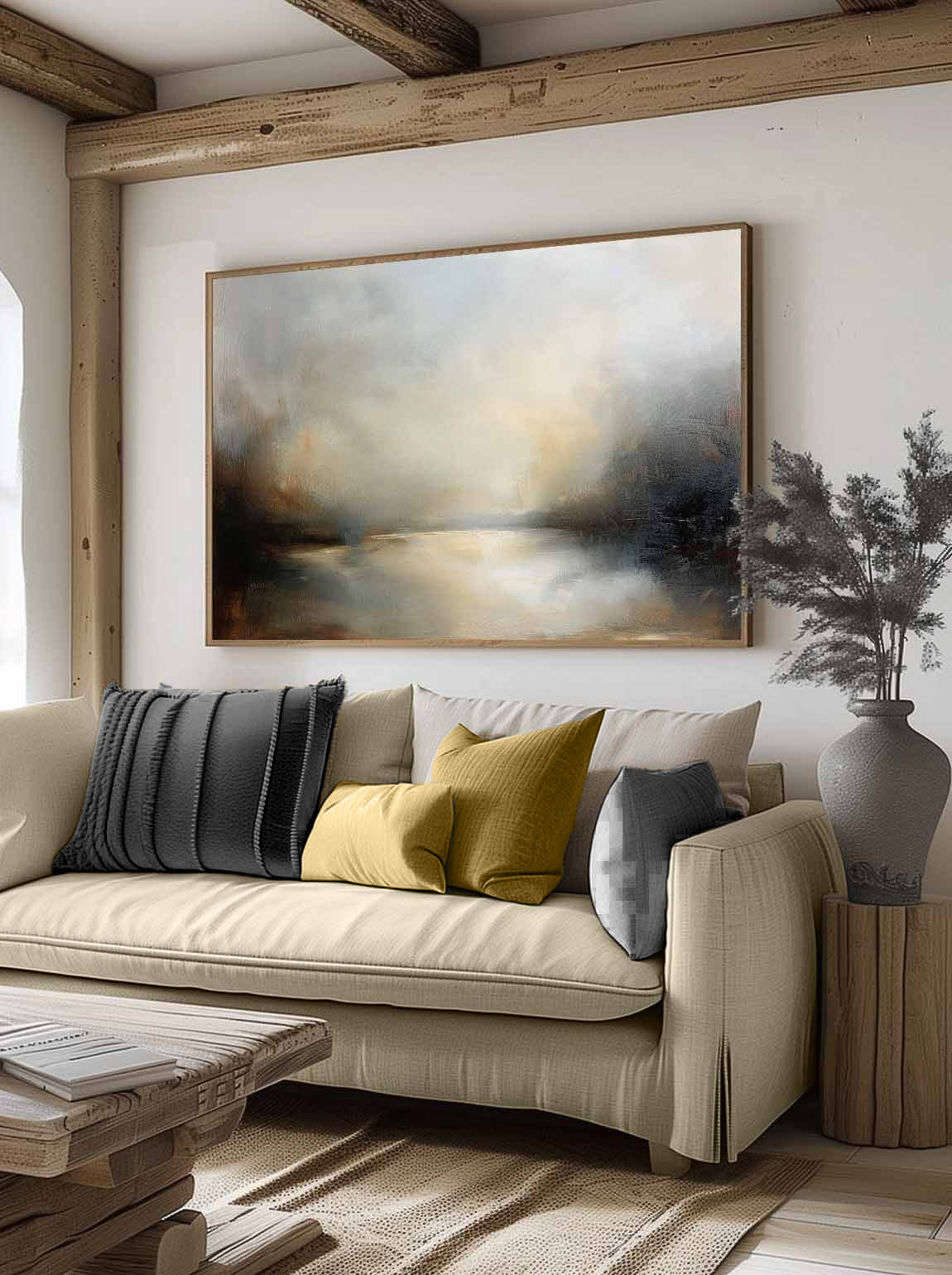 Vintage Handmade Black and Beige Lake View Oil Painting Large Retro Lake View Wall Art Original Rural Lake Scene Oil Painting