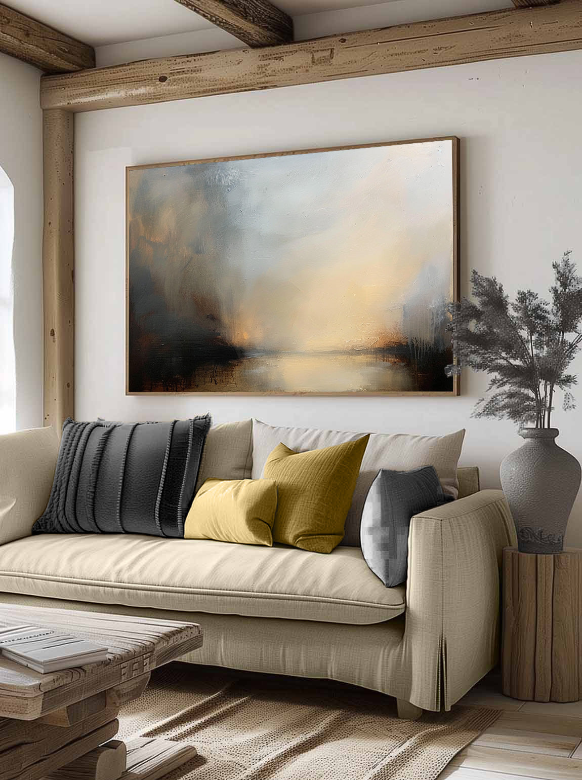 Vintage Moody Lake Oil Painting Handcrafted Lake Canvas Art Large Minimalist Rural Lake Scene Wall Art