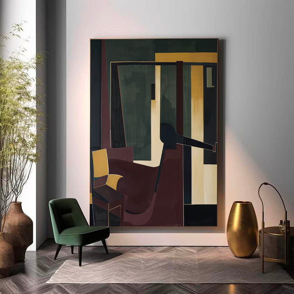 Original Vintage Abstract Chair Oil Painting Large Vintage Abstract Painting Brown And Green Wall Art