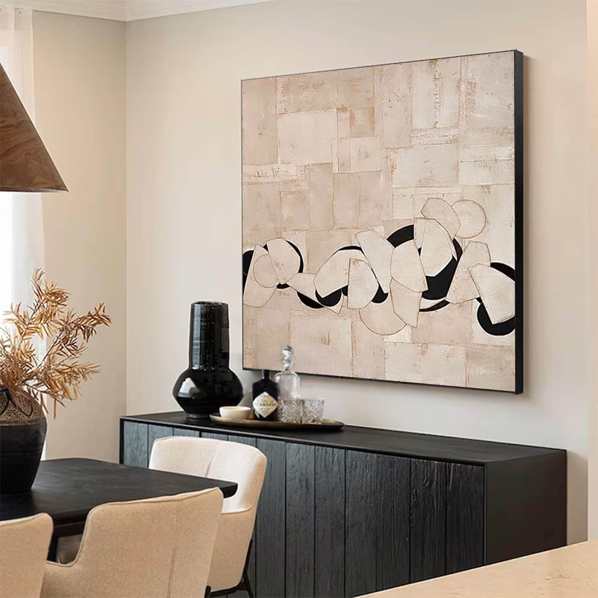 Large Minimalist Beige Canvas Painting Black Beige Textured Wall Art Wabi Sabi Wall Painting