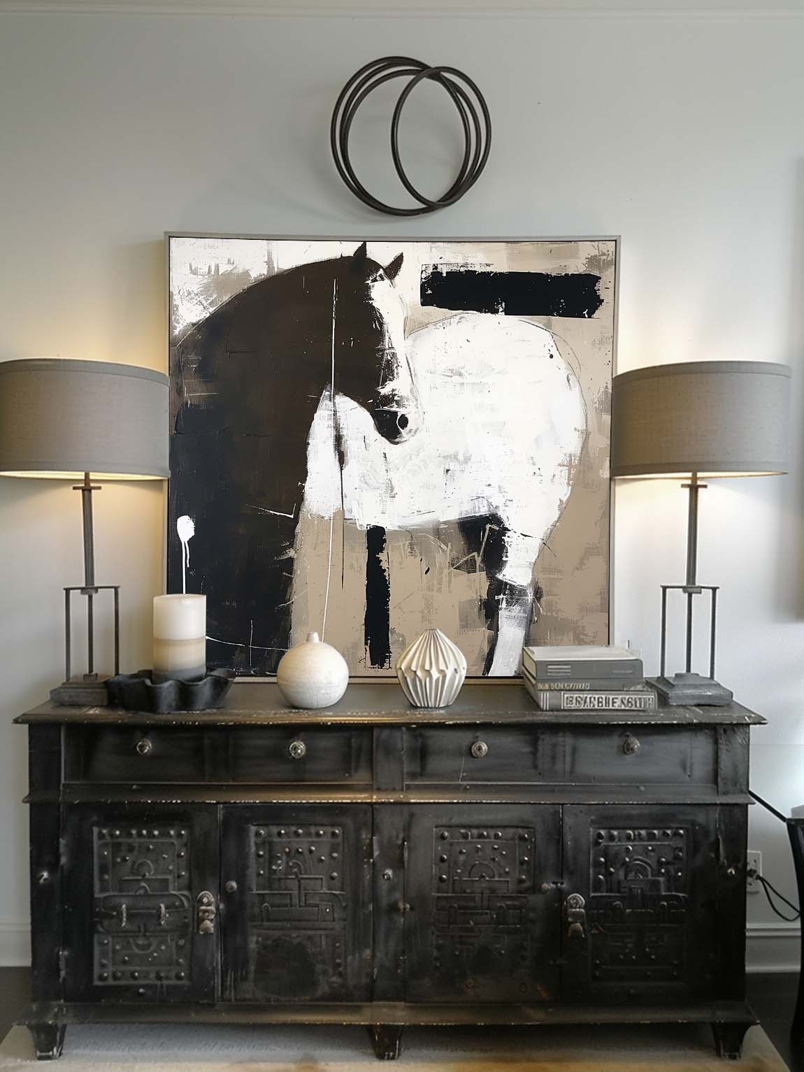 Vintage Horse Painting Large Oil Painting Horse Wall Art Original Retro Black Horse Oil Painting