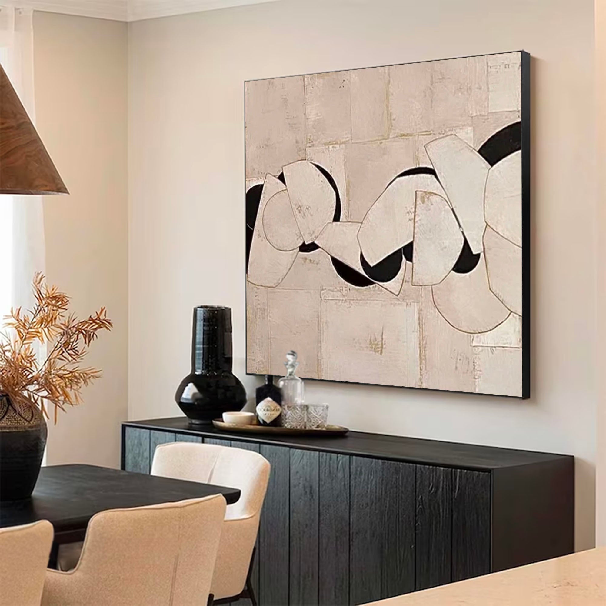 Neutral Beige & Black Painting On Canvas 3D Minimalist Textured Beige Painting