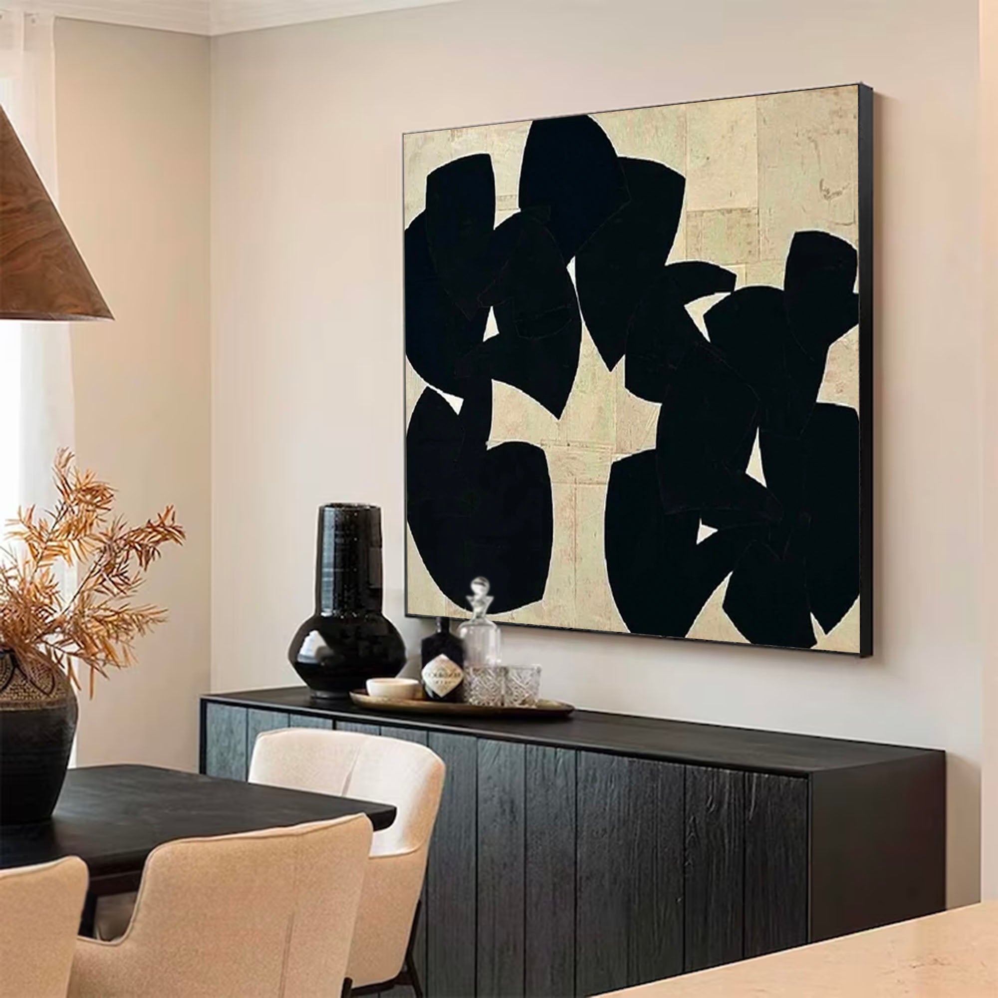 Large Beige And Black Minimalist Abstract Painting Black Plaster Textured Wall Art