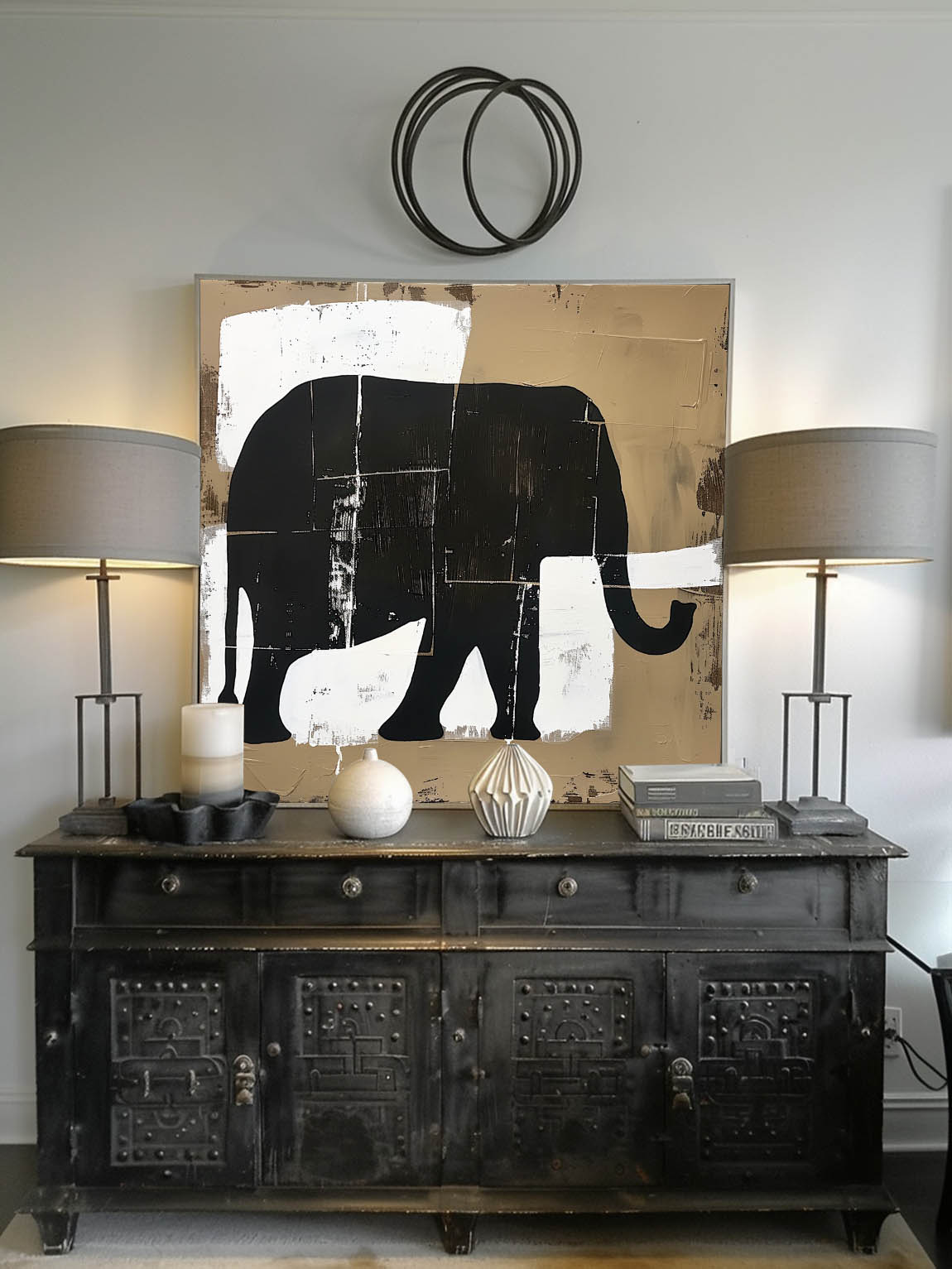 Retro Elephant Acrylic Painting On Canvas Large Neutral Elephant Painting Large Neutral Artwork