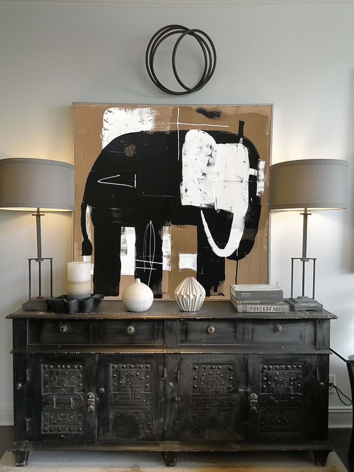 Vintage Elephant Wall Art On Canvas Large Neutral Abstract Acrylic Painting Original Vintage Elephant Painting