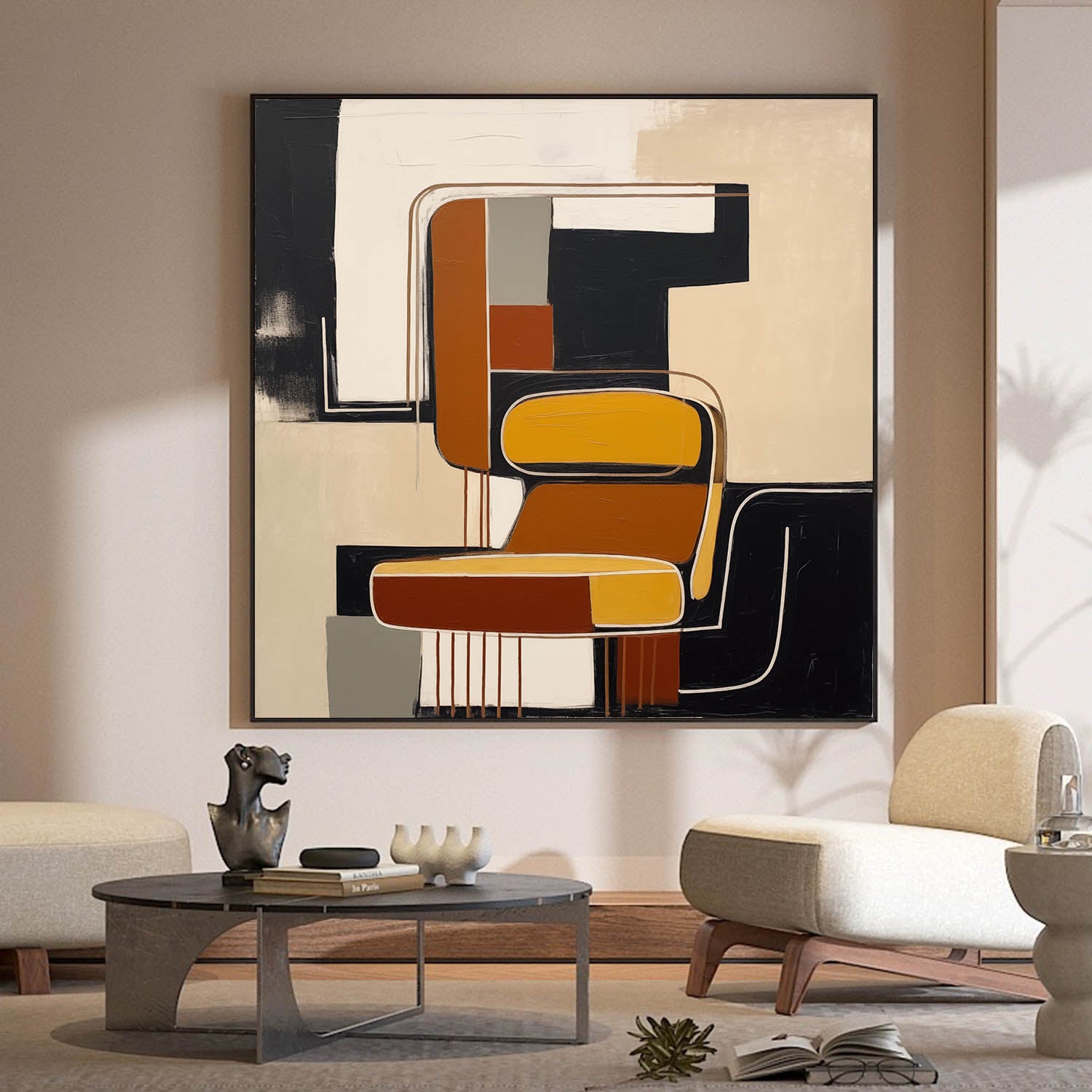 Retro Brown Plaster Textured Wall Art Beige And Black Retro Oil Painting Large Brown & Beige Abstract Painting