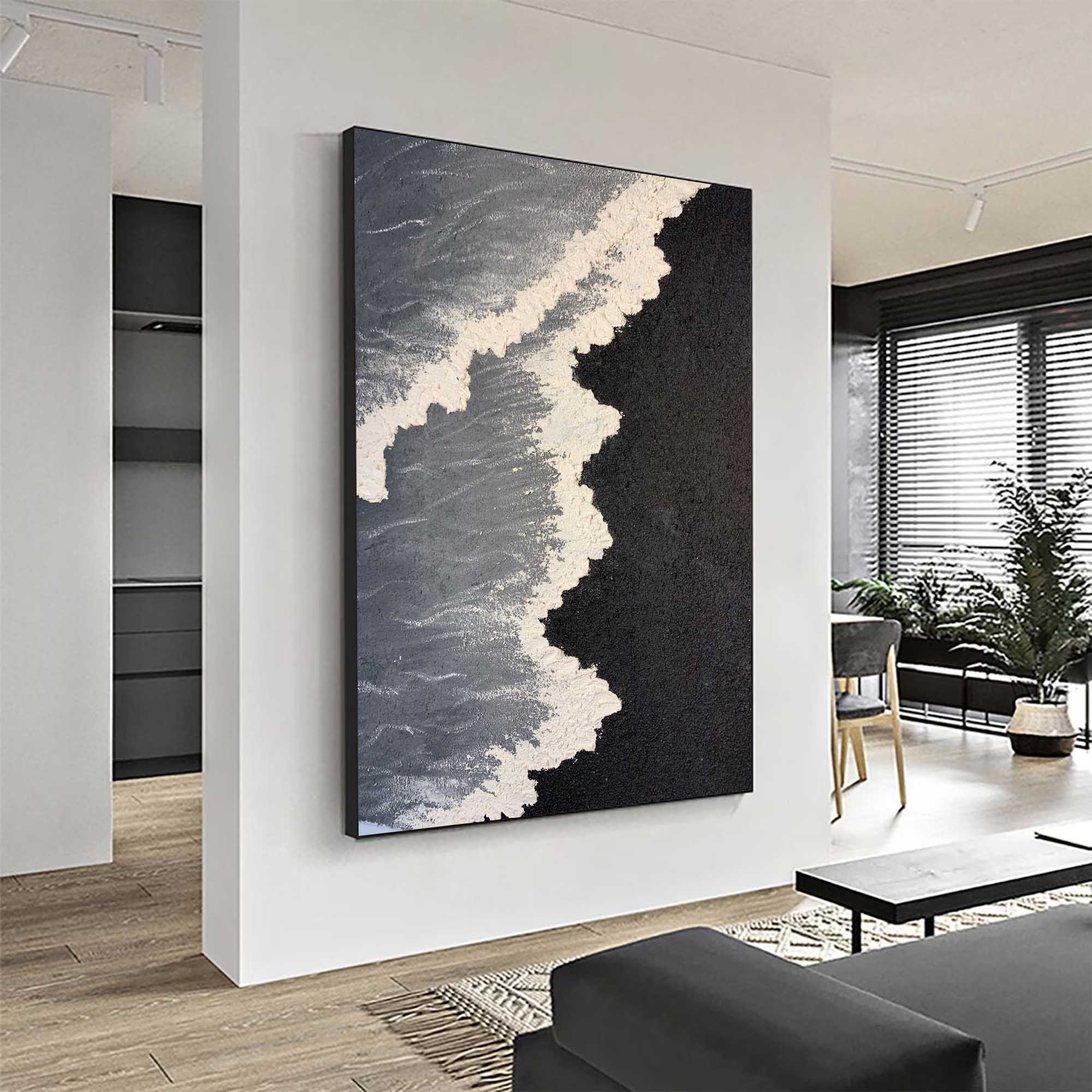 3d Minimalist Black Wave Painting Large Black And White Ocean Texture Painting