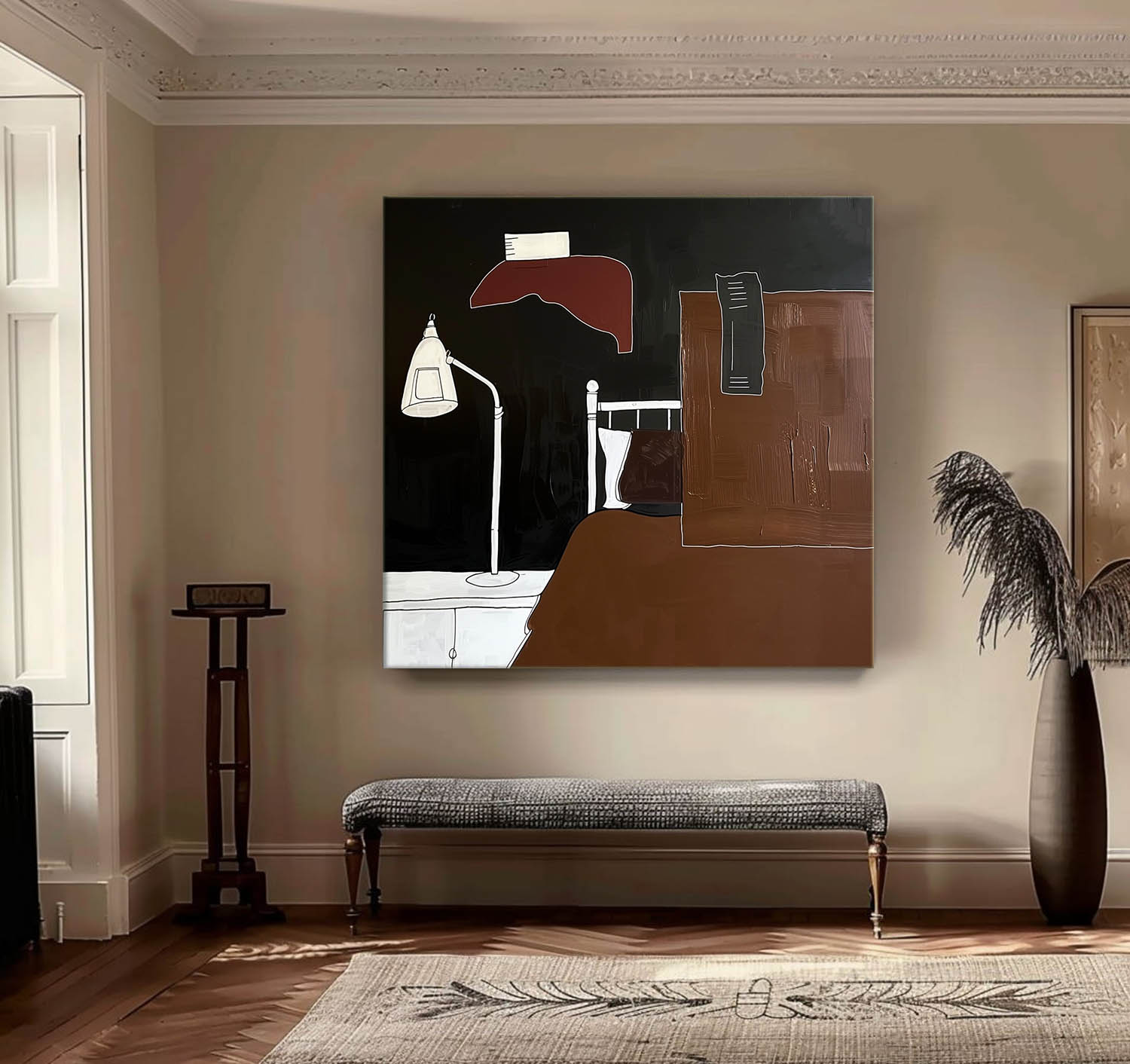 Minimalist Bed Figurative Painting Minimalist Brown Black Wall Art Large Black Brown Wall Painting