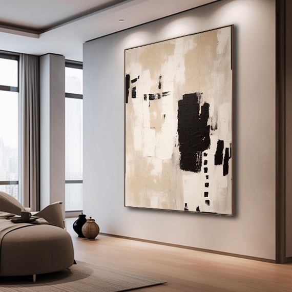 Oversized Beige Abstract Painting Large Abstract Oil Painting Original Beige Black Wabi Sabi Wall Art