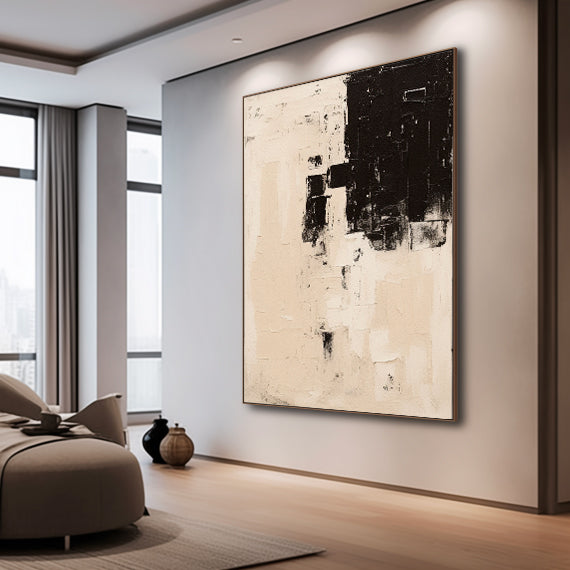 Large Beige Abstract Painting Original Black Beige Minimalist Wall Art Beige Neutral Wall Art