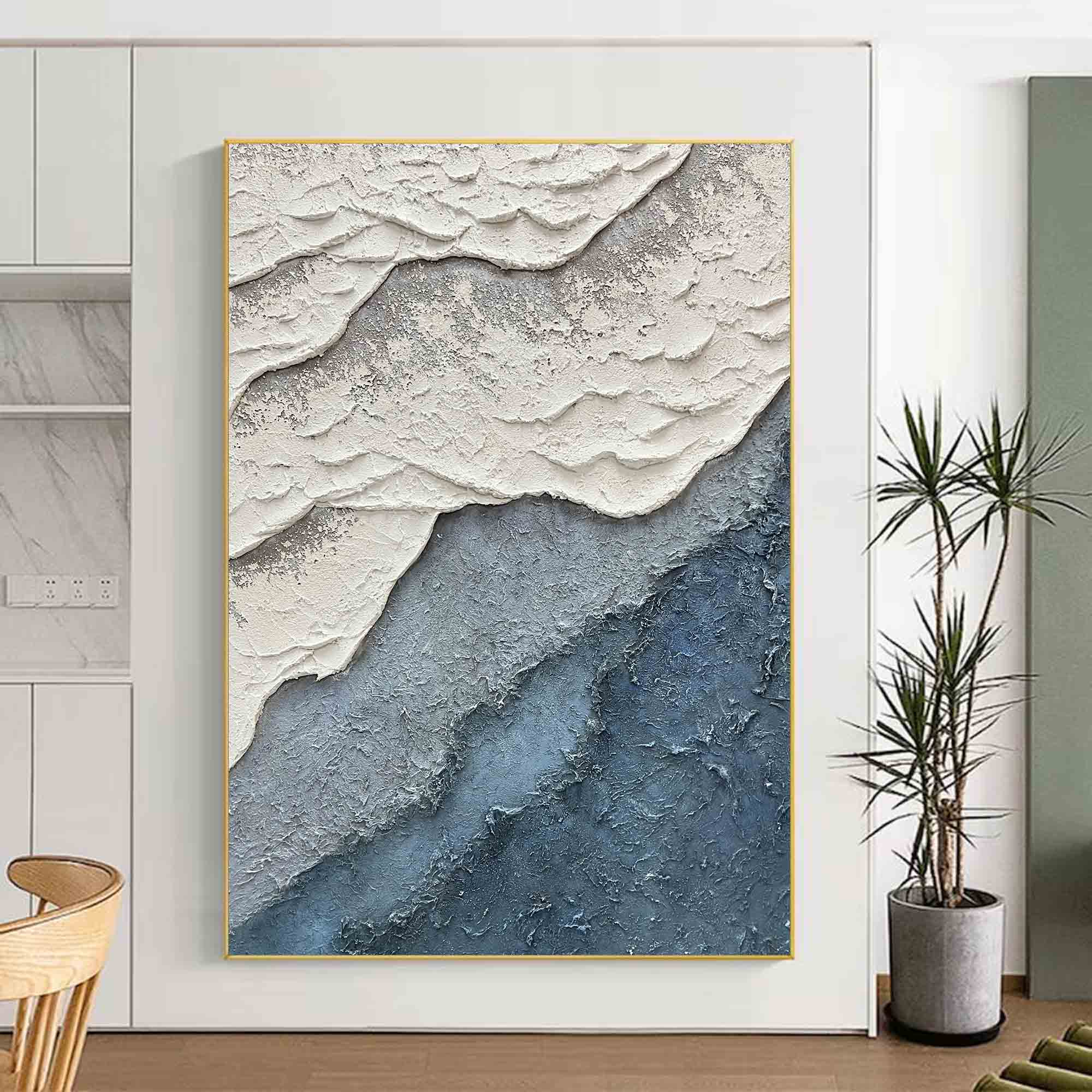 3D Minimalist Blue Ocean Painting on Canvas Large 3D Textured Ocean Painting