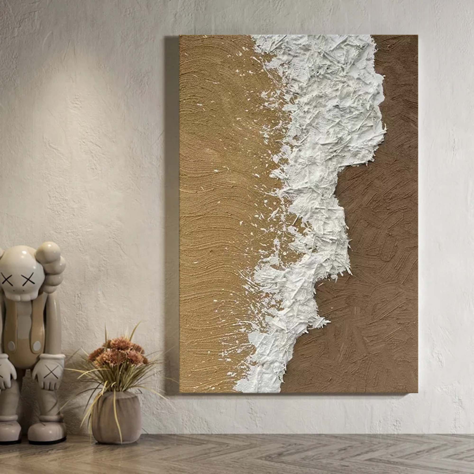 White And Brown Minimalist Beach Wave Painting White And Brown Texture Art