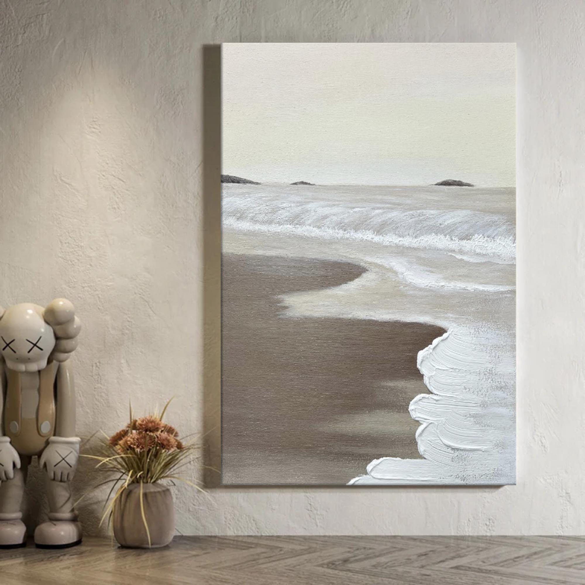 Minimalist Beige White Ocean Beach Abstract Oil Painting Seaside Landscape Painting