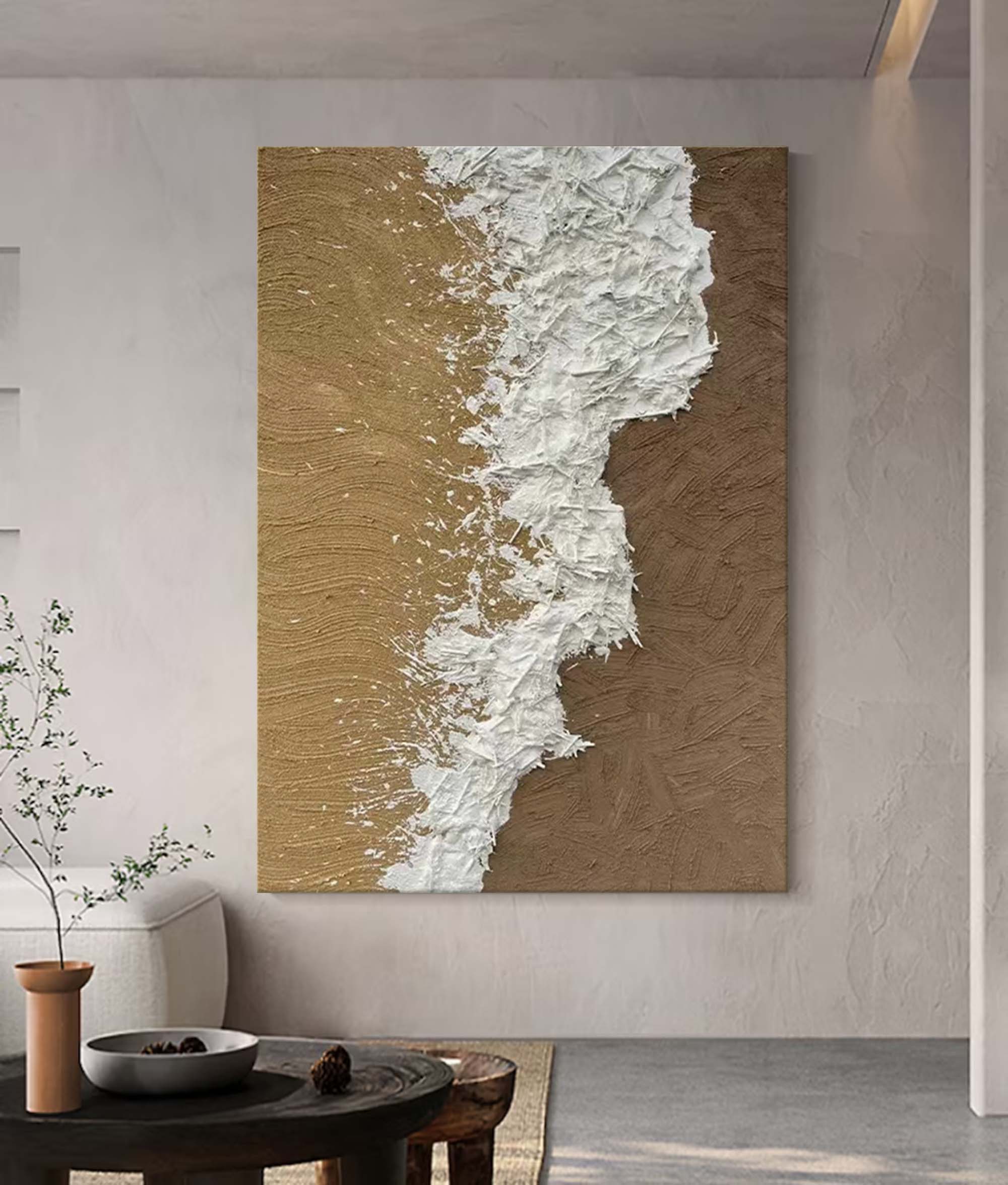 White And Brown Minimalist Beach Wave Painting White And Brown Texture Art