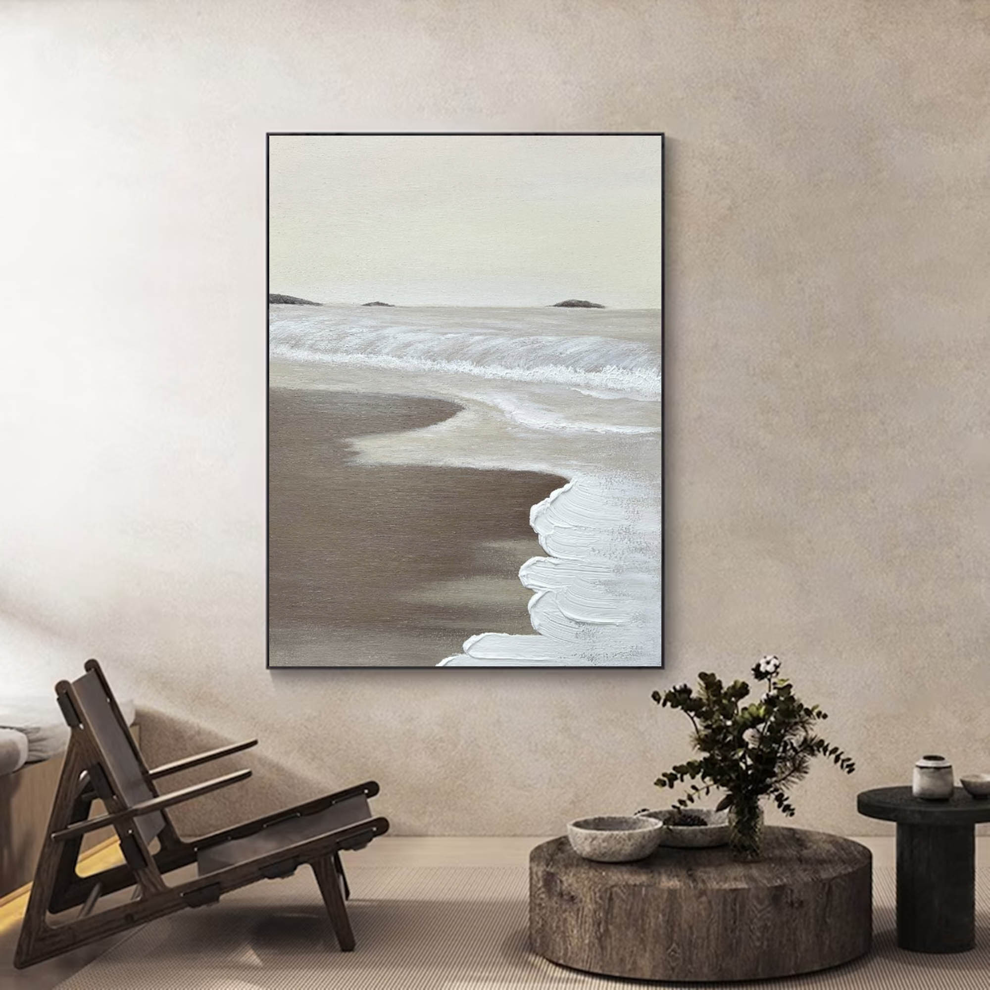 Minimalist Beige White Ocean Beach Abstract Oil Painting Seaside Landscape Painting