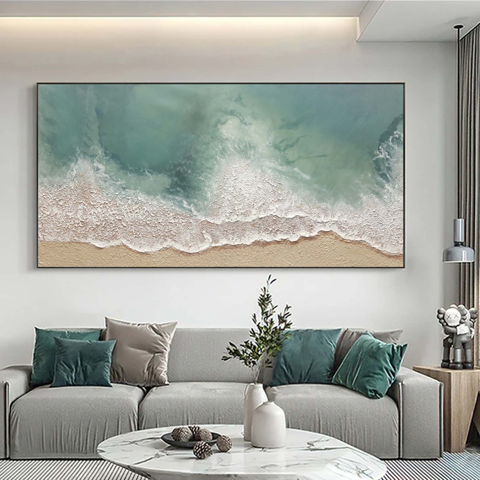 Light Green Ocean Wave Painting Beige Green Minimalist Art Large Sea Canvas Painting