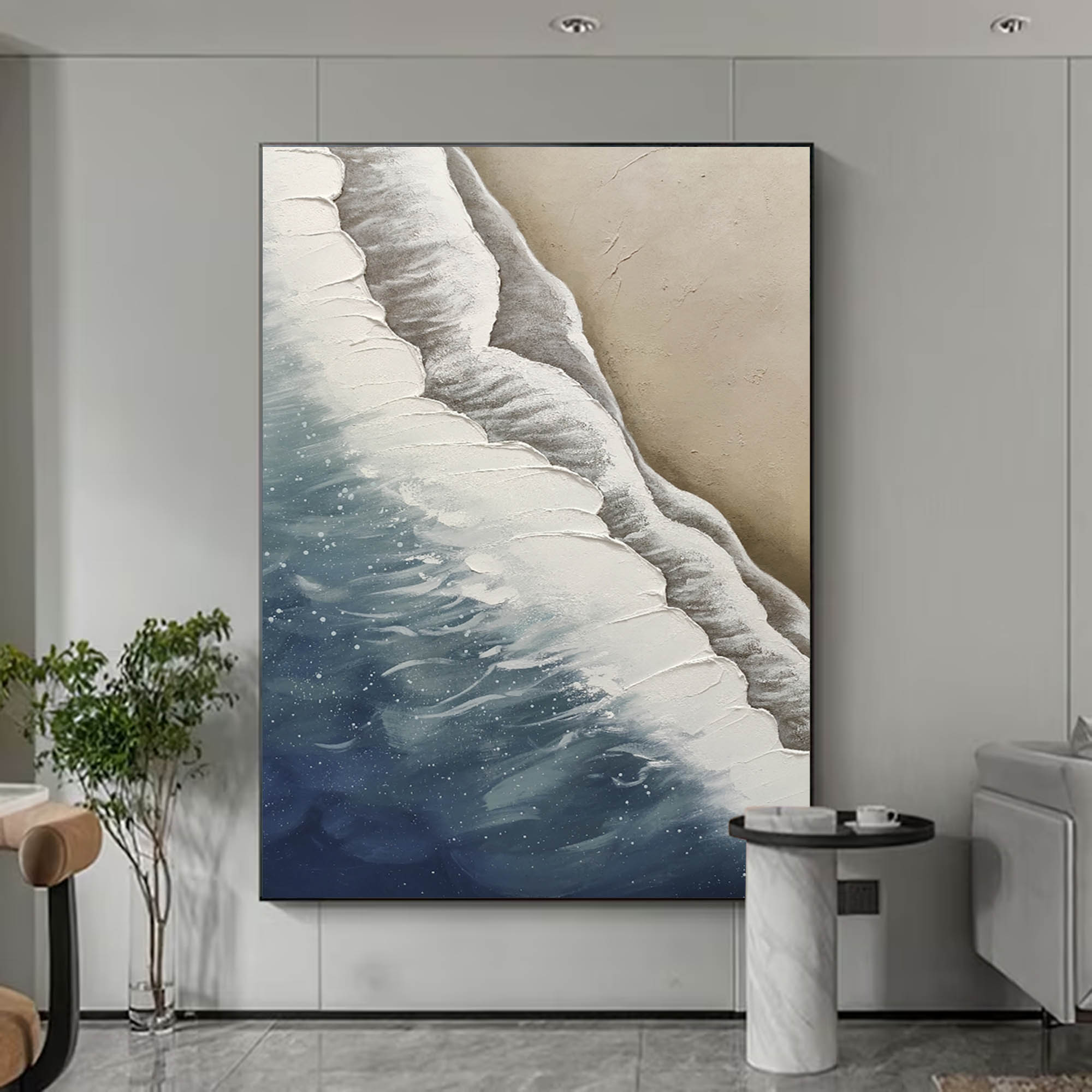 3D Minimalist Textured Ocean Acrylic Painting Abstract Blue Beach Painting