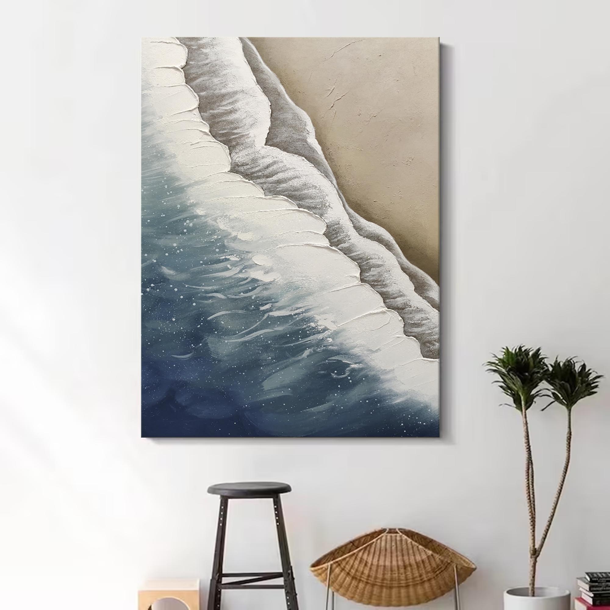 3D Minimalist Textured Ocean Acrylic Painting Abstract Blue Beach Painting