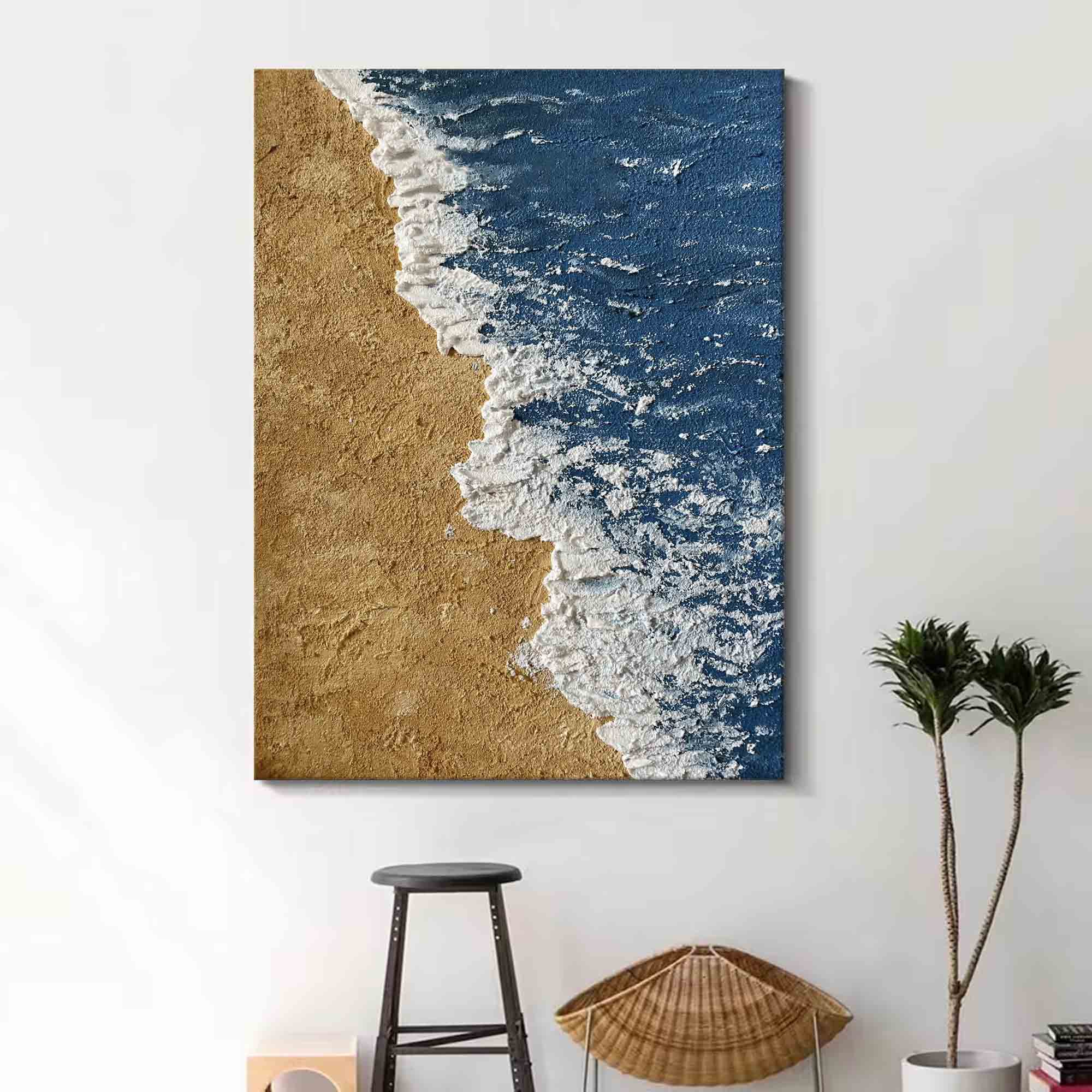 Large 3D Textured Coastal Wall Art  Minimalist Blue abstract painting Beach Canvas Painting