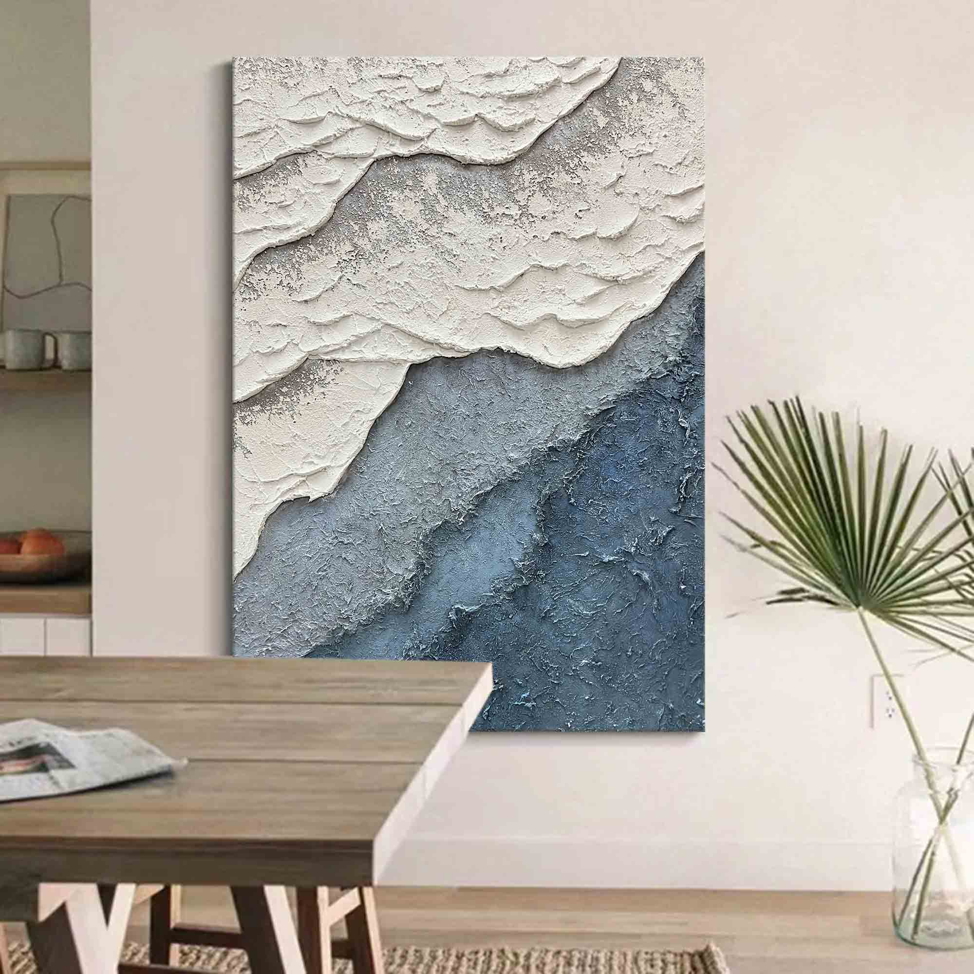 3D Minimalist Blue Ocean Painting on Canvas Large 3D Textured Ocean Painting