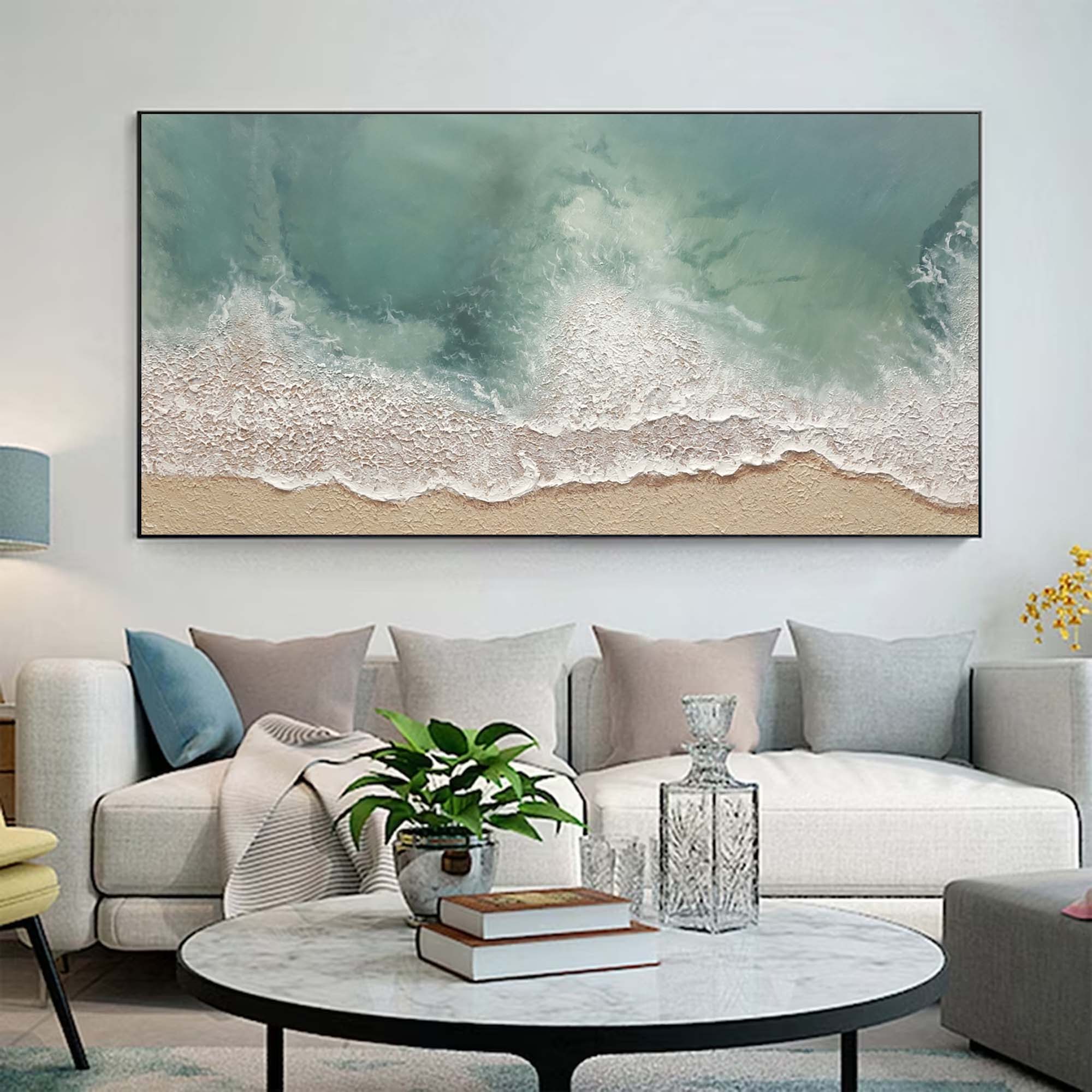 Light Green Ocean Wave Painting Beige Green Minimalist Art Large Sea Canvas Painting