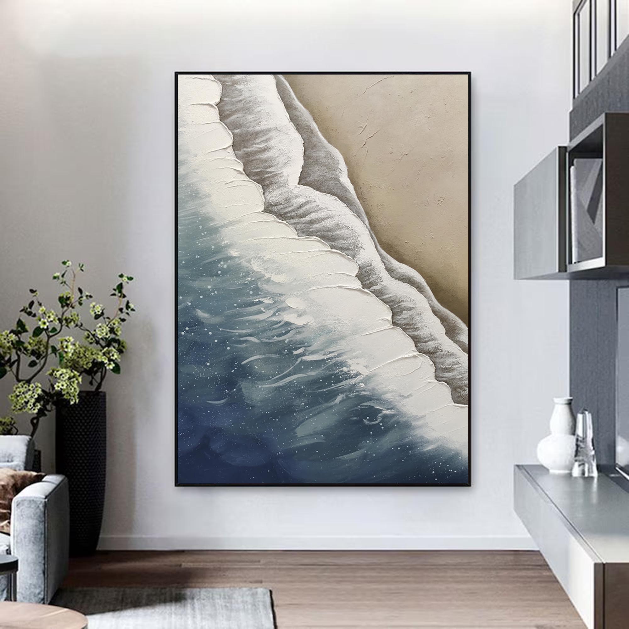 3D Minimalist Textured Ocean Acrylic Painting Abstract Blue Beach Painting