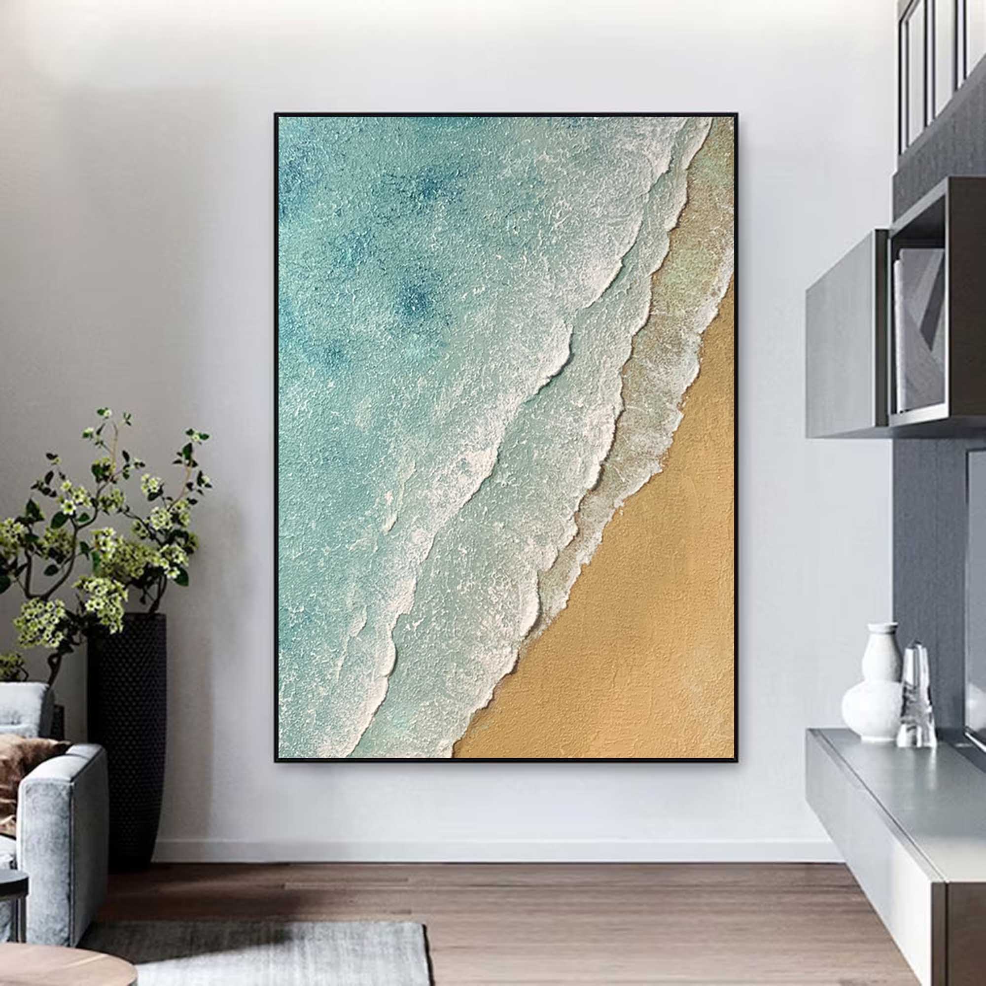 3D Minimalist Textured Coastal Wall Art Abstract Green Beach Painting