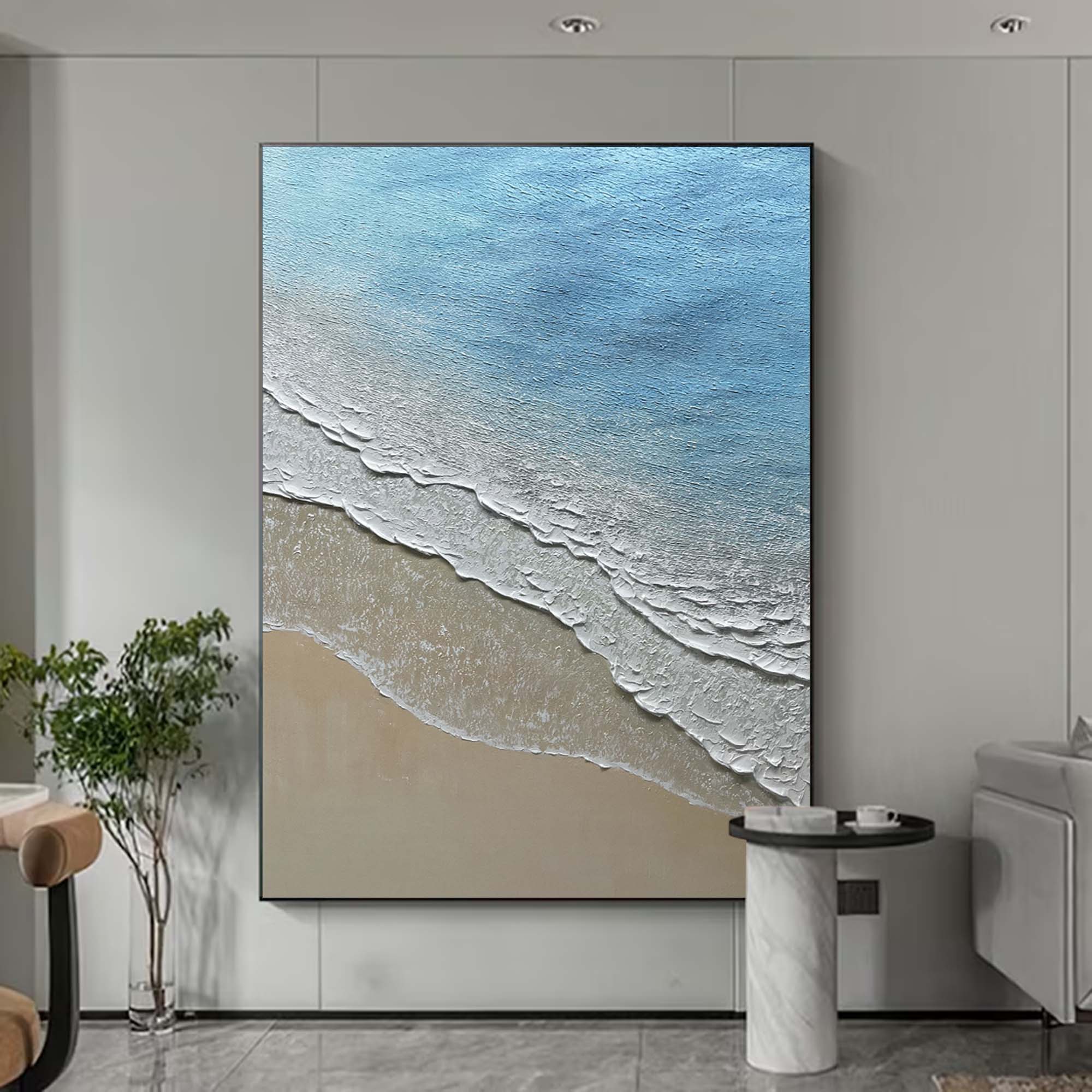 3D Minimalist Blue Ocean Painting on Canvas Acrylic Abstract Coastal Landscape Canvas Painting