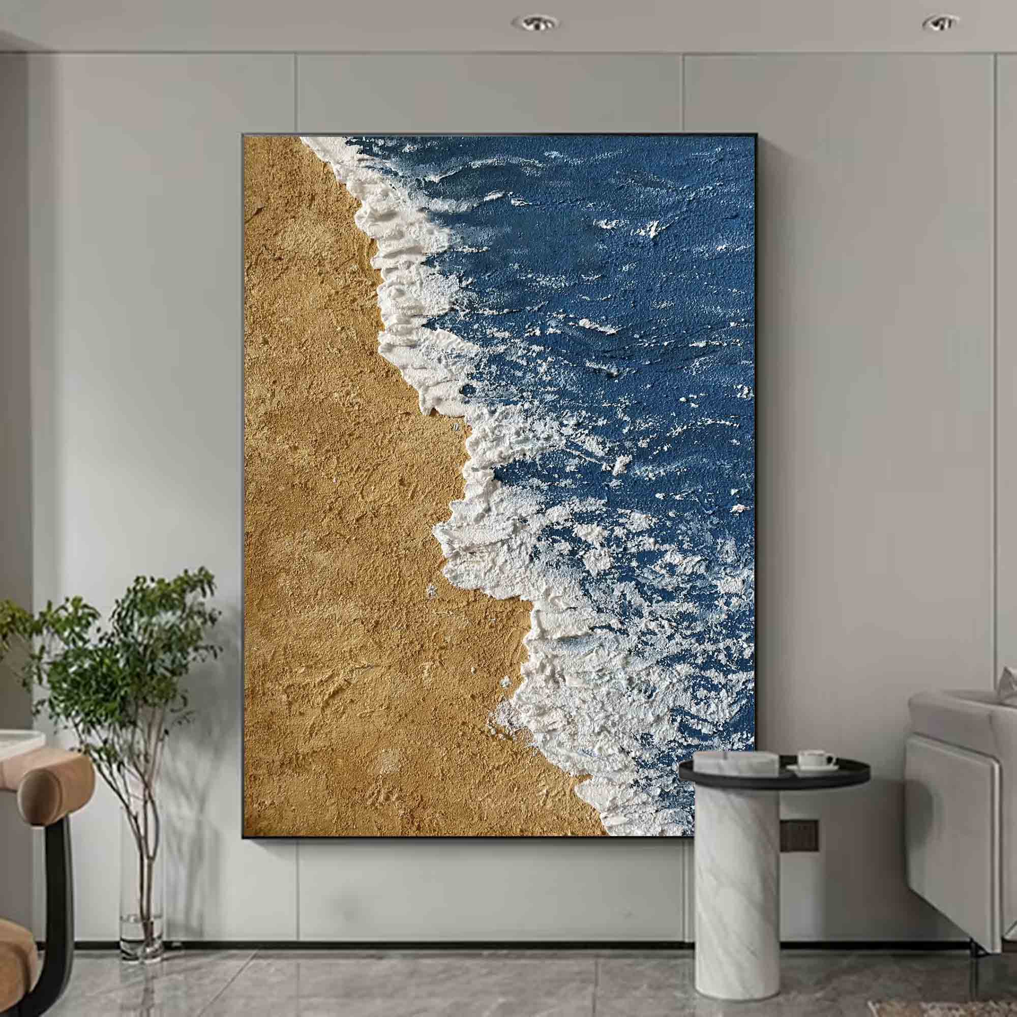 Large 3D Textured Coastal Wall Art  Minimalist Blue abstract painting Beach Canvas Painting