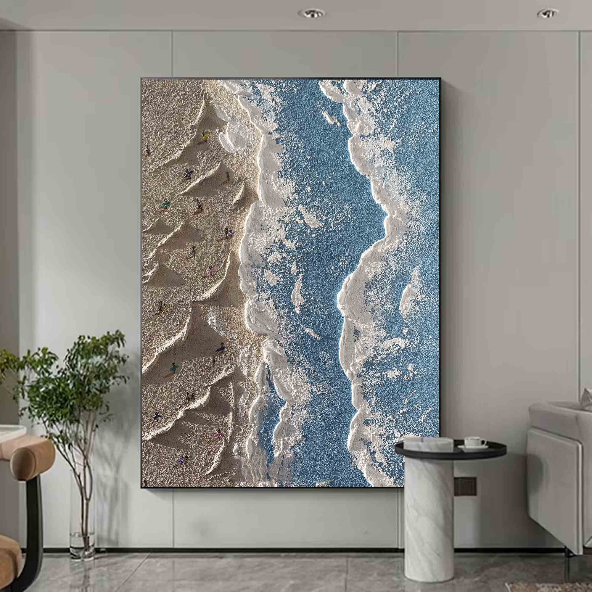 Abstract Coastal 3d Textured Painting Minimalist Light Blue Ocean Art