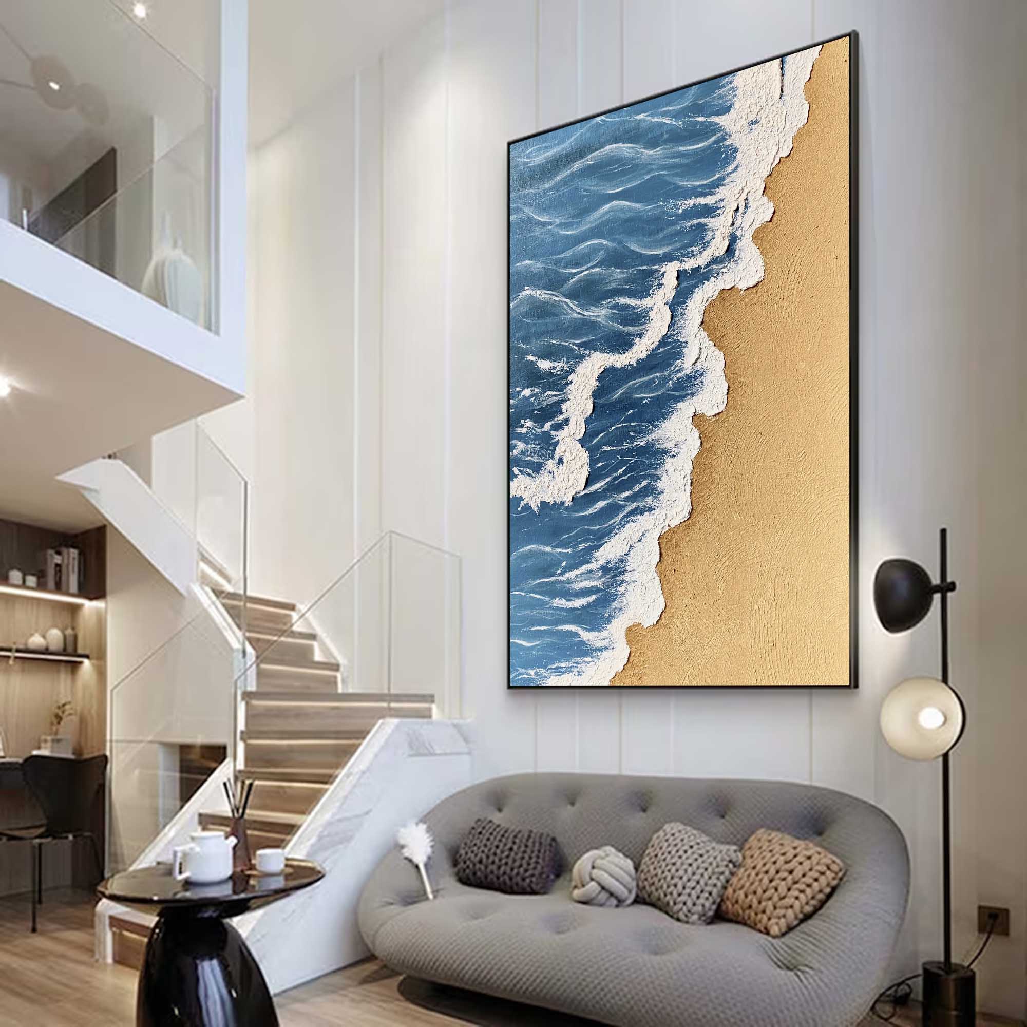 3D Minimalist Blue Ocean Painting on Canvas Large 3D Textured Ocean Painting