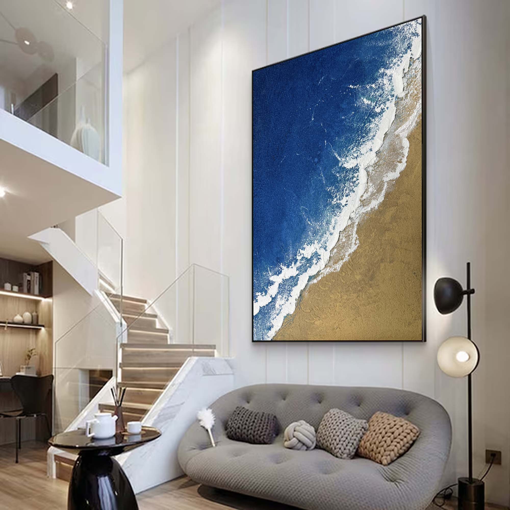  3D Minimalist Textured Ocean Painting Acrylic Framed Blue Beach Painting