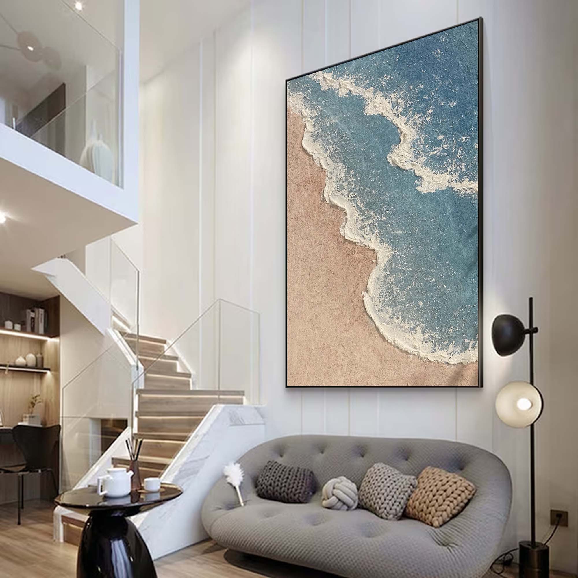 Blue Ocean Minimalist Painting 3d Textured Painting On Canvas Blue And Brown Beach Wave Paintings