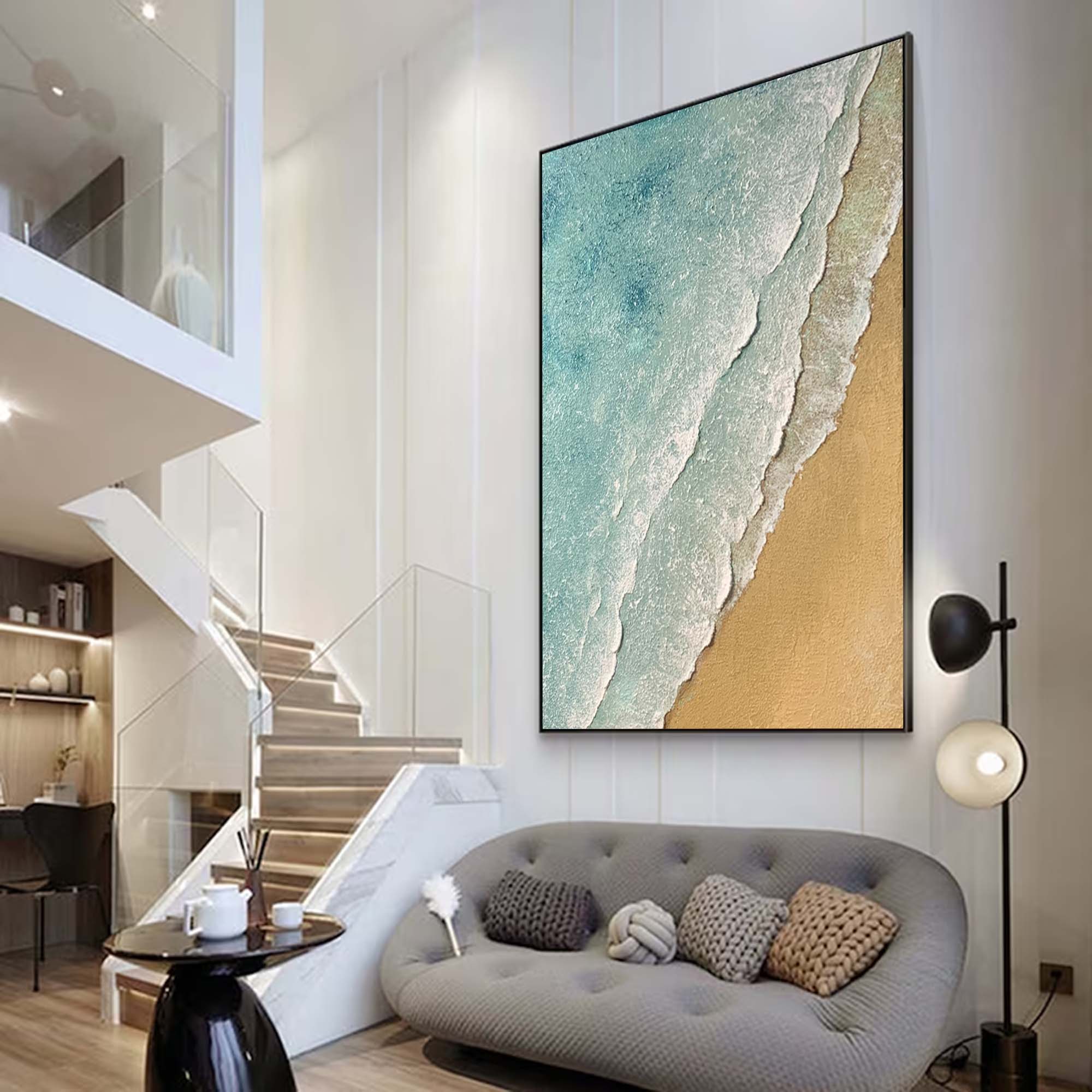 3D Minimalist Textured Coastal Wall Art Abstract Green Beach Painting