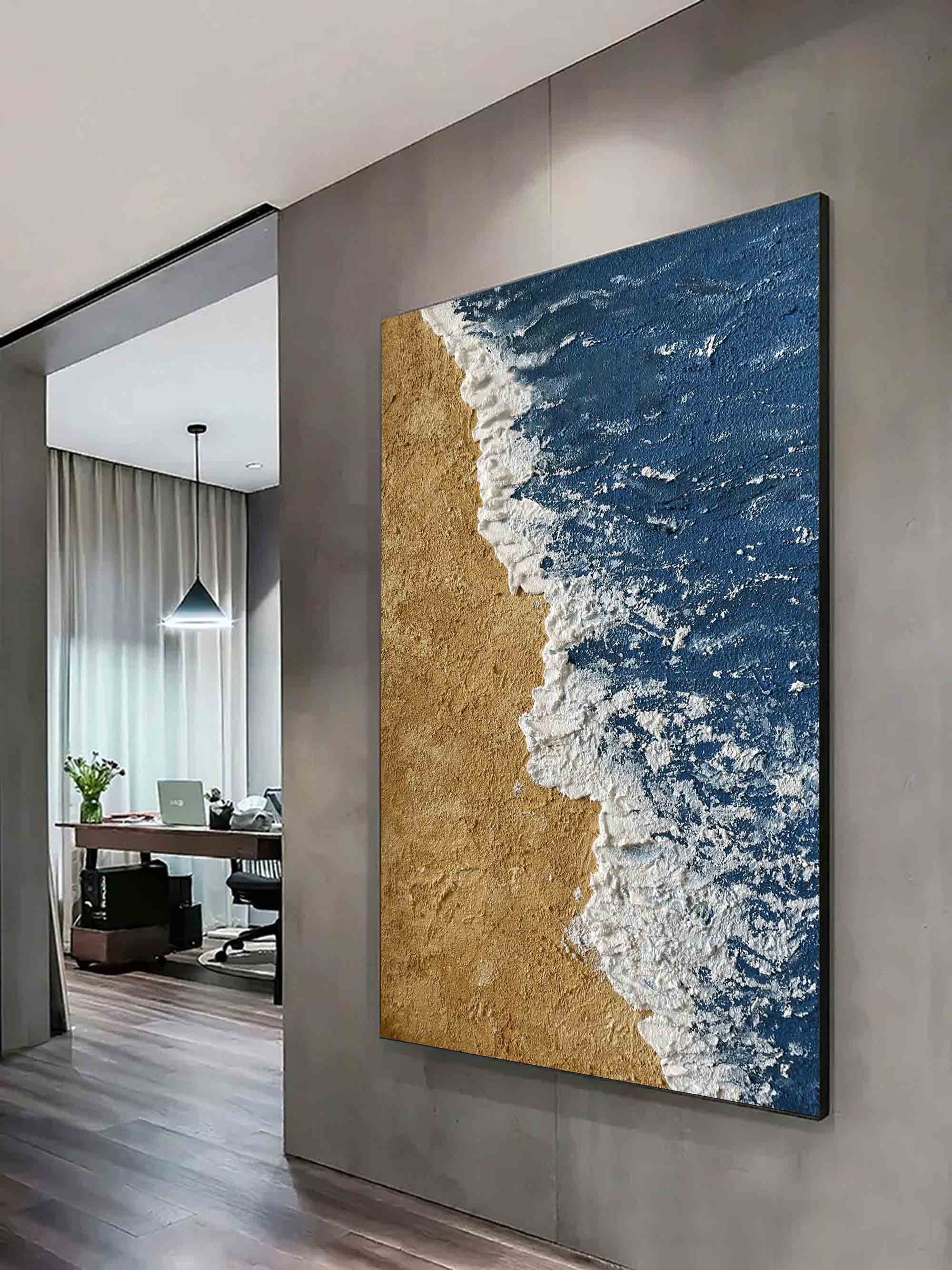 Large 3D Textured Coastal Wall Art  Minimalist Blue abstract painting Beach Canvas Painting