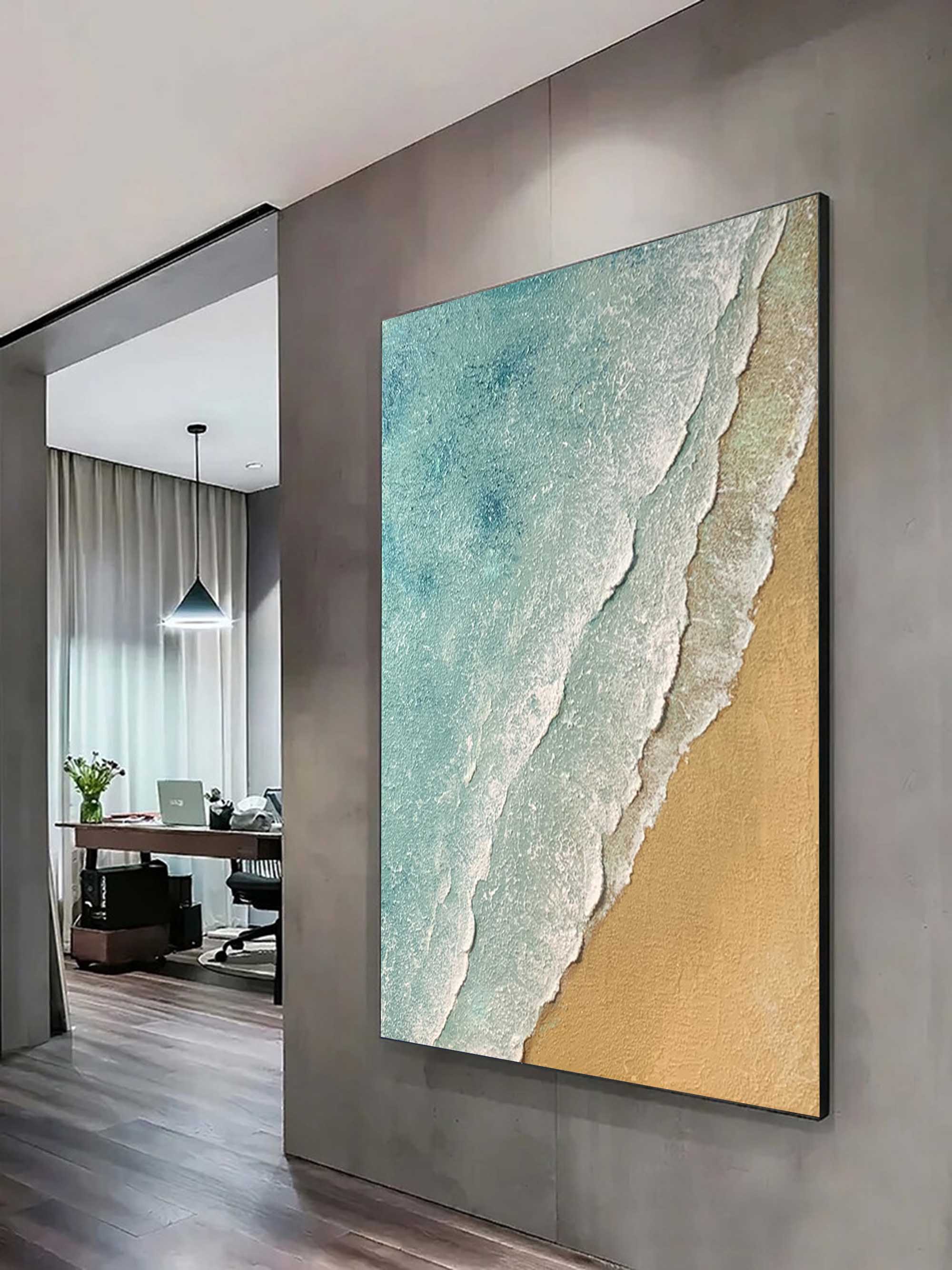 3D Minimalist Textured Coastal Wall Art Abstract Green Beach Painting